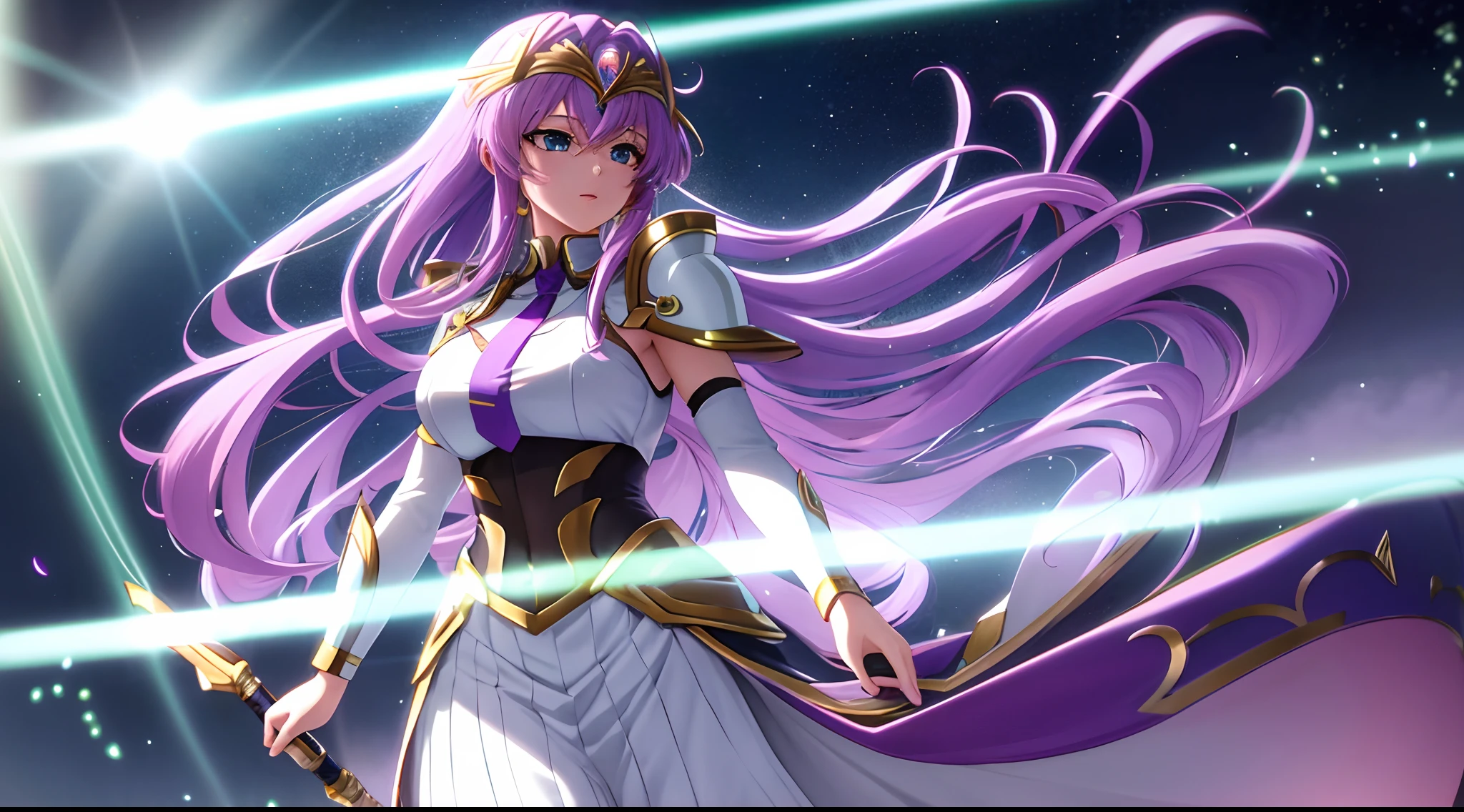 Saint seiya Athena with plain long light purple hair,hair between eyes,green eyes,rosy cheeks,full lips,thin eyebrows,slender body,wearing black coat necktie and full long skirt,praying beads on neck,cute anime girl,full body,classroom computer in background,anime style,Lumen Reflections,Screen Space Reflections,Diffraction Grading,Chromatic Aberration,GB Displacement,Scan Lines,Ray Traced,Anti-Aliasing,FXAA,TXAA,RTX,SSAO,Shaders,OpenGL-Shaders, GLSL-Shaders,Post Processing,Post-Production,cell Shading,Tone Mapping,CGI,VFX,SFX,insanely detailed and intricate, 4K,standing, solo, masterpiece, best quality, detailed face, detailed eyes, highres, standing, solo,masterpiece, best quality