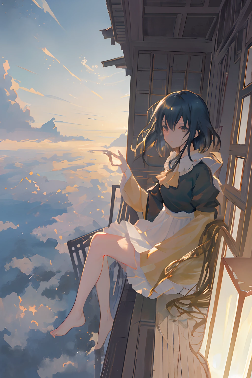 Create exquisite illustrations reminiscent of Makoto Shinkai's style, It has ultra-fine details and top-notch quality. Draw the face of a beautiful girl、The girl smiled a little.、Enjoying The Scenery. Create exquisite illustrations reminiscent of Makoto Shinkai's style, It has ultra-fine details and top-notch quality. Create an illustration of a flying house that gracefully enjoys the breathtaking view from above. Duan, Hung in the sky, Provides a panoramic viewpoint of the golden sea of clouds below. in a house, So that its inhabitants indulge in the splendor of aerial landscapes、There is an atmosphere of gentle elegance. This image is、Captures the essence of tranquility and sophistication, Introduce moments of serene fun in the beauty of the endless sky.Create an illustration of a flying house against the background of a sea of golden clouds. The house seems to float in the air, Surreal and nostalgic atmosphere. The golden clouds below are、Gives the scene a magical and enchanting atmosphere, Evoke wonder and nostalgia. In this dreamy journey, Mediocre becomes extraordinary, Eta、The past merges seamlessly with the present. An elegant girl is depicted, Savor the fantastic and nostalgic sky spectacle with grace. Her calm demeanor and ethereal environment、Create captivating visual narratives, Transporting viewers into a world where imagination knows no bounds.Draw a beautiful girl、