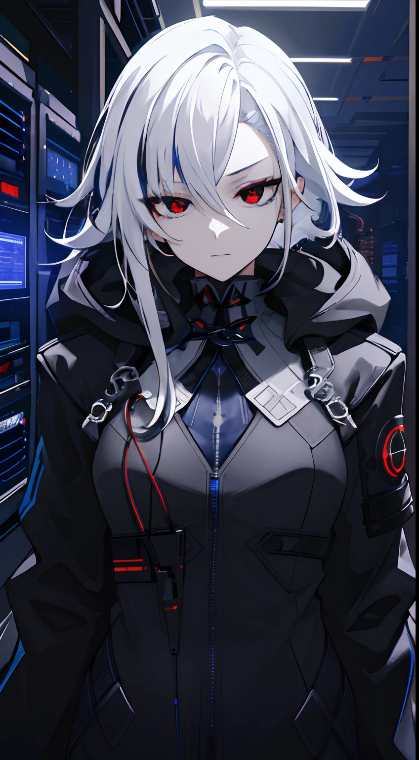 (absurdres, highres, ultra detailed), 1woman, mature female, aged up, wavy long hair, white hair, black eyes, bangs, long sleeves, finely detailed eyes and detailed face, extremely detailed CG unity 8k wallpaper, intricate details, portrait, looking at viewer, solo, (full body:0.6), detailed background, detailed face, (matrix theme:1.1) evil high-tech futuristic hacker,  advanced technology, hoodie, techwear, wearable device, keycard, cables, head-up display, blue (holographic display:1.05), access granted,   cybersecurity, server room in background, orange lights,  dark sinister atmosphere, , portrait, wind swirling