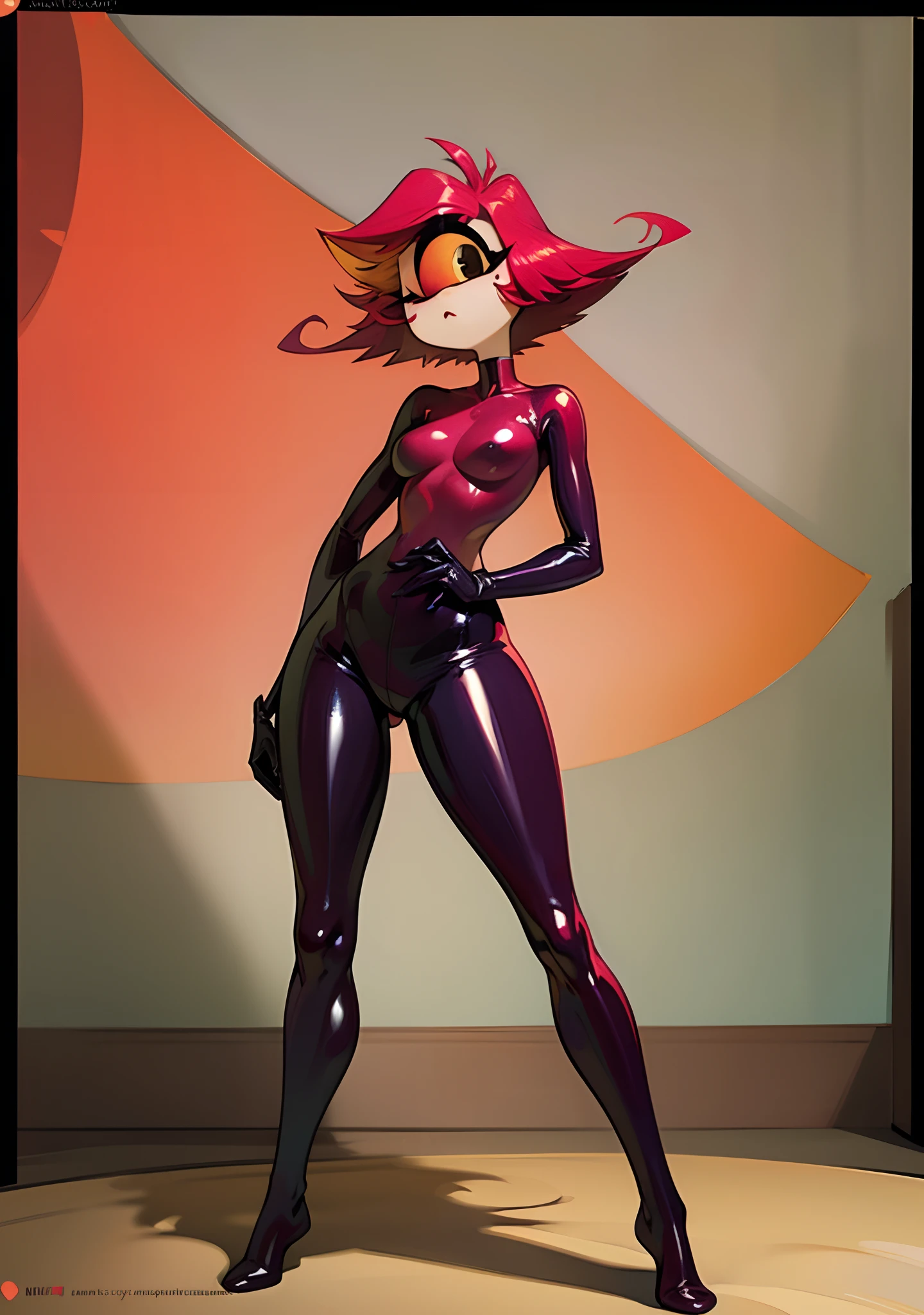 tanraak (style), ((masterpiece)), ((8k quality)), (no watermark), Niffty, female, cyclops, mouth closed, detailed bedroom, standing, one hand on her hip, other hand at her side, (solo:1.4), sleek, shiny latex suit