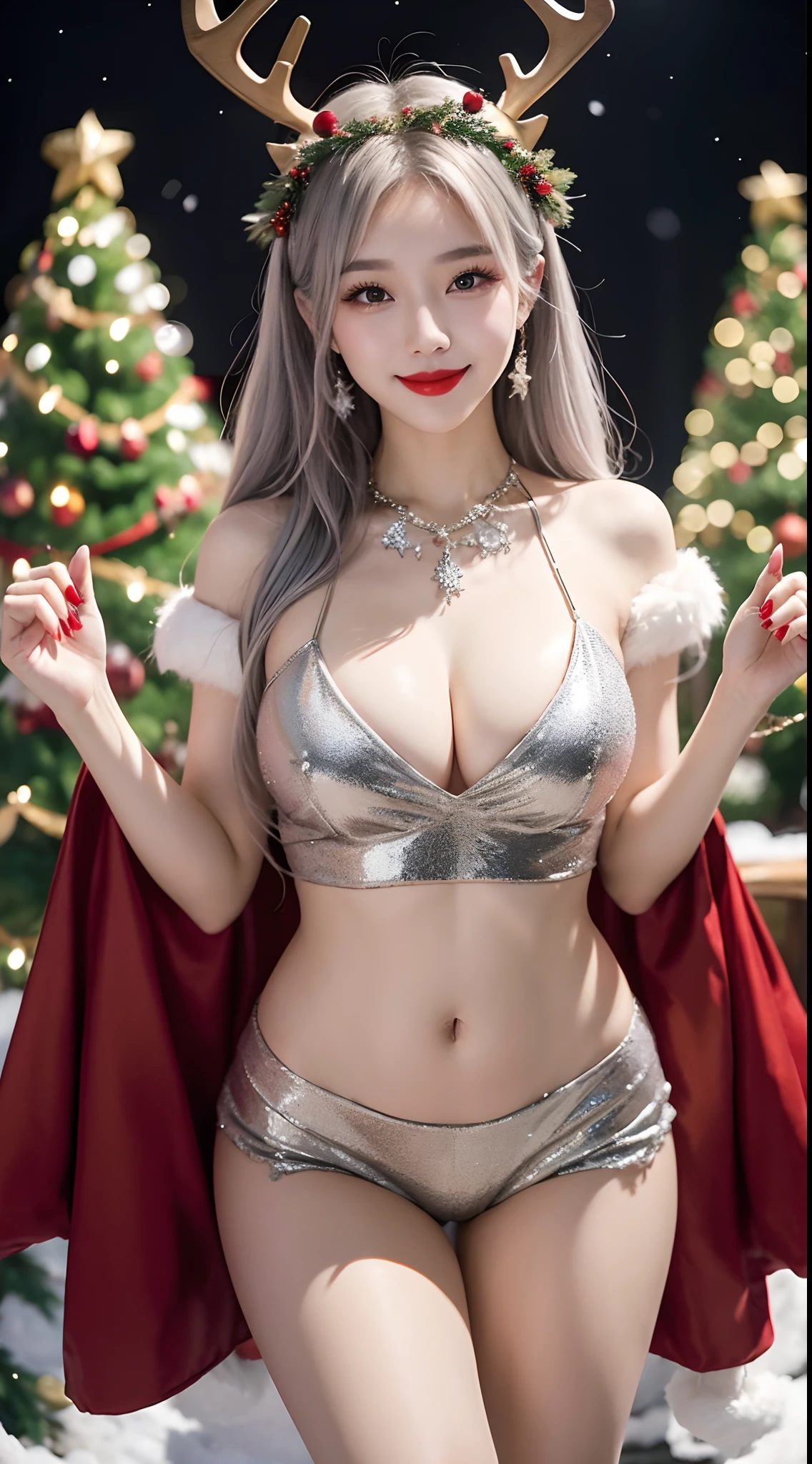 detail, Beautiful Girl, Korean Makeup, Red lips, Smile slightly:, Thigh, Platinum Hair, Slim body, Big breasts, Christmas Costumes, Christmas Accessories, Christmas Decorations, Christmas tree, Christmas Reindeer, led lights, All about Christmas, Snowy landscape outside,