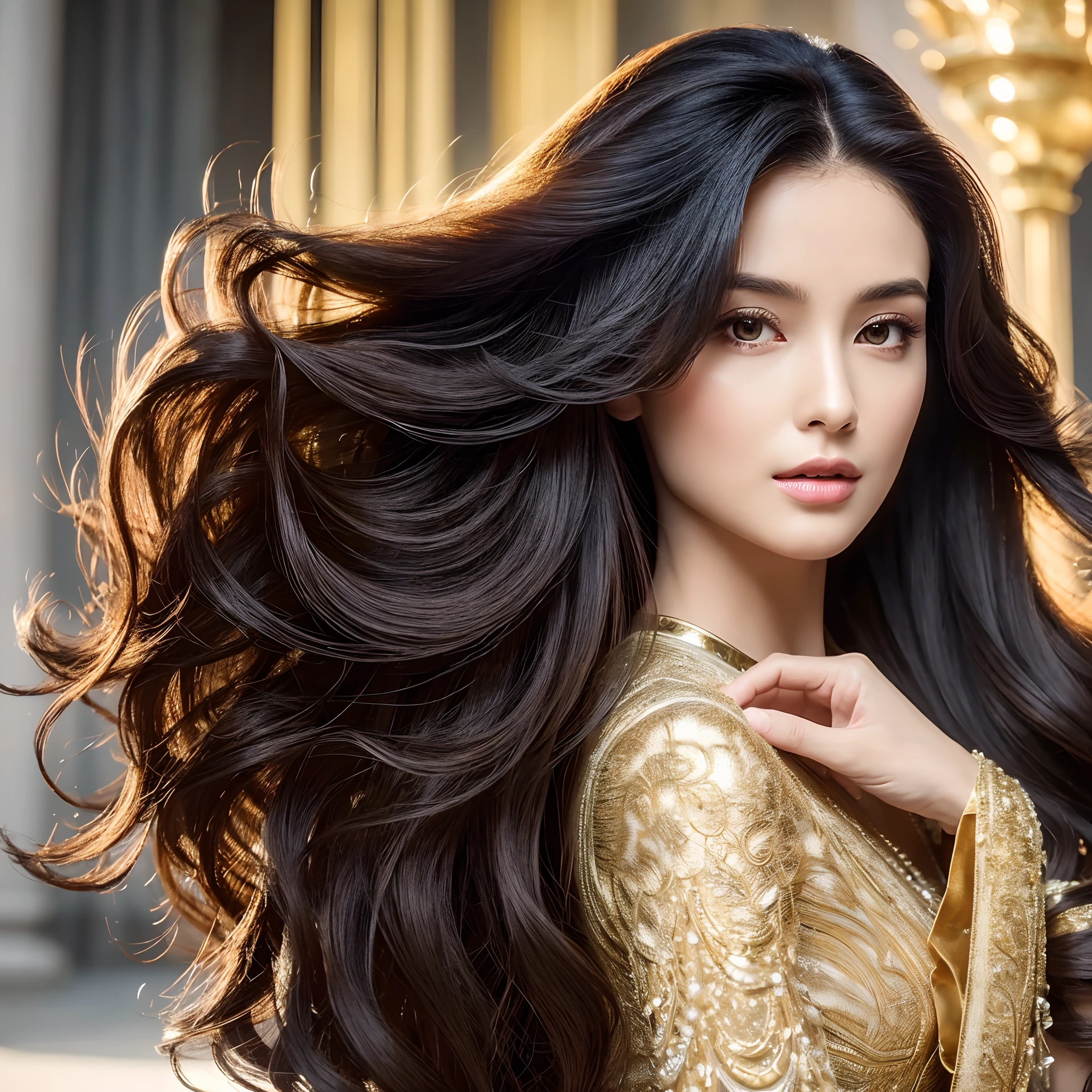(best quality,4k,8k,highres,masterpiece:1.2),ultra-detailed,(realistic,photorealistic,photo-realistic:1.37),beautiful wavy black hair,falls gracefully along her shoulders,framing her face with gentle elegance,luxurious,wave-like flow,elaborate framing,richness and vibrancy in every strand of hair,gorgeous shiny tresses,fine attention to detail on each strand,perfectly cascading curls,breathtakingly stunning,flowing locks,dark luscious hair,flowing with a sense of elegance,majestic,scene-stealing hair,excellent hair texture,perfect harmony of movement and grace,meticulous attention to hair shape and form,impeccable hair precision,silky smooth texture and natural shine,exquisite hair highlights bringing out the depth and dimension,impressive hair waves with intricate pattern and definition,immaculately styled hair,black hair cascading like silk,elaborate hair styling with meticulous detailing,luxurious black hair framing her face in a captivating manner.