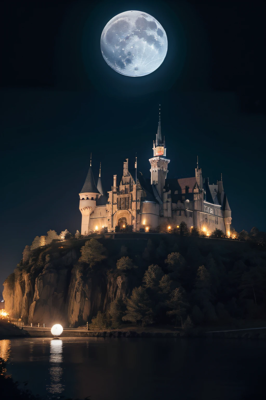Black, white, red scene (arte em papel cortado: 1.5) A vampire castle in the darkness of the night, an award winning masterpiece (Cut-out art pictures: 1.5), Vampire dark castle at night with towers. turrets, moat, Use only (black: 1.2), (White: 1.2) and (Red: 1.2) colours, Moon stars, Dynamic Angle, Moon lightning, Dynamic Angle, best detail, Best quality, 16k, [Ultra detailed], Masterpiece, Best quality, (Ultra detailed), full bodyesbian, super wide shot, photorealistic 3d render