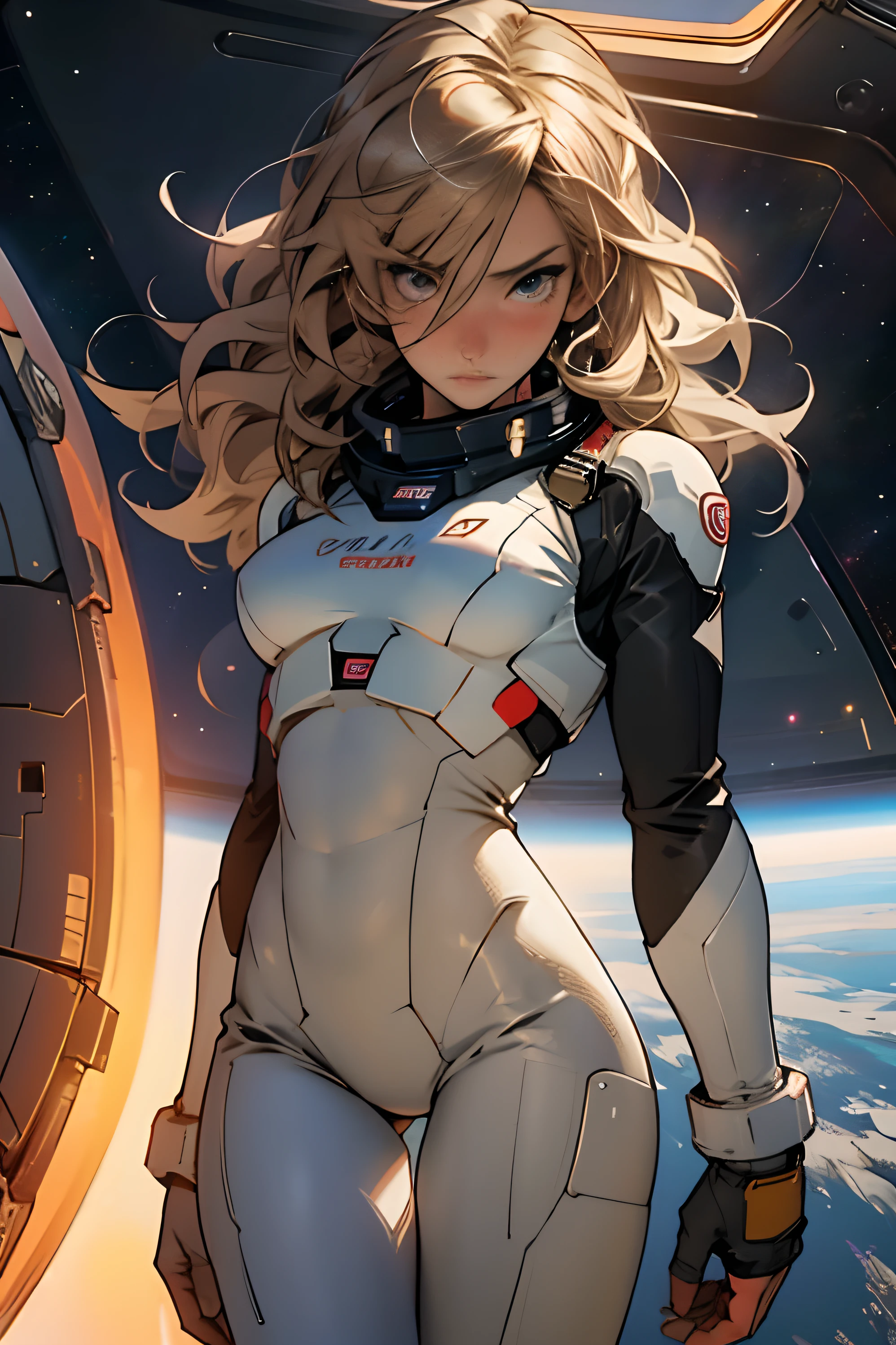 sandy hair fit body large breasts slender thighs slender waist pilot suit solo looking at viewer in space long hair blushing determination, 8k, extreme detail,