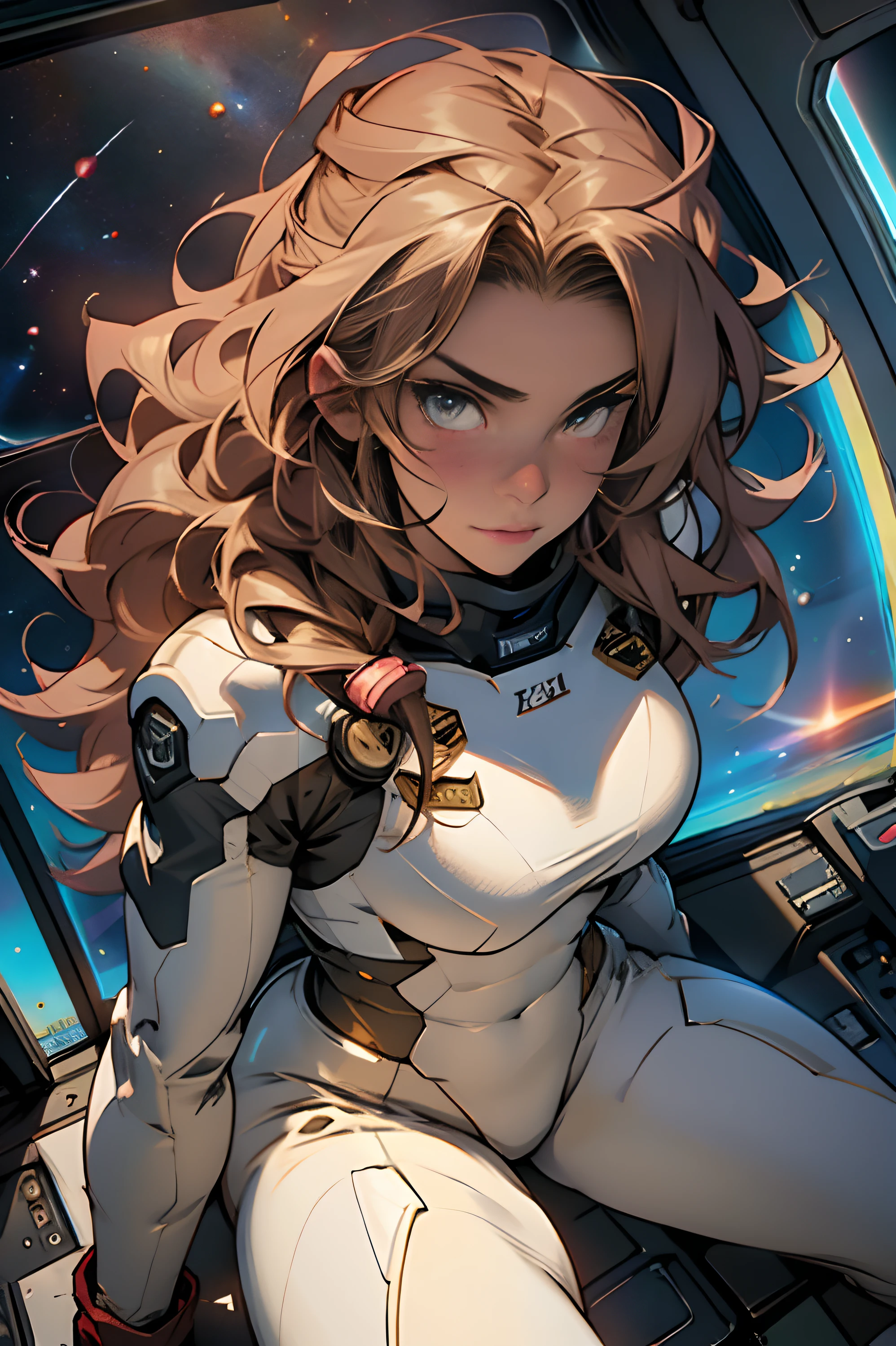 sandy hair fit body large breasts slender thighs slender waist pilot suit solo looking at viewer in space long hair blushing determination, 8k, extreme detail,