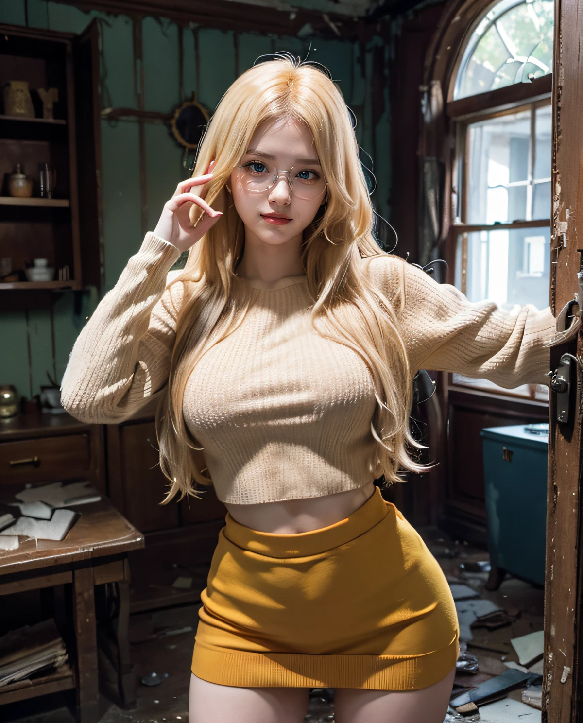 1girl, Blue eyes, (smile), (Sana Minatozaki), wide hips, Big Boobs, big ass, (Best Quality, 8k, Masterpiece: 1.3), perfect hands, Clear Focus: 1.2, Perfect Body Beauty: 1.4 , Slender Abs: 1.2, Highly detailed face and skin texture, detailed eyes, double eyelids, (blonde long hair), (orange sweater), (red miniskirt), (nerdy glasses), (long yellow socks), (standing), dynamic pose, (in a haunted and abandoned house :1.3), ghost in the background