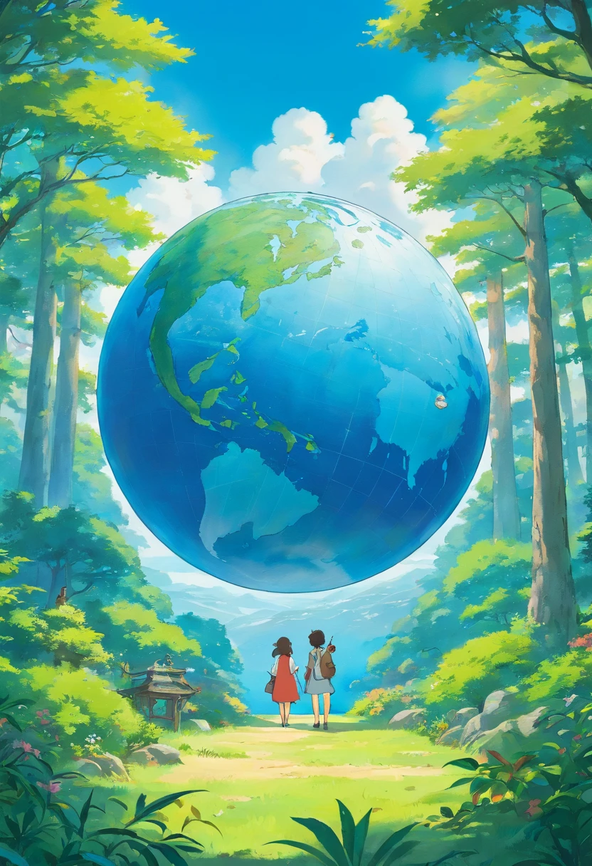 blue backdrop，In the middle is a circular globe，There are trees on the earth、rios，and people who protect the environment，Flat style，1：2。16k