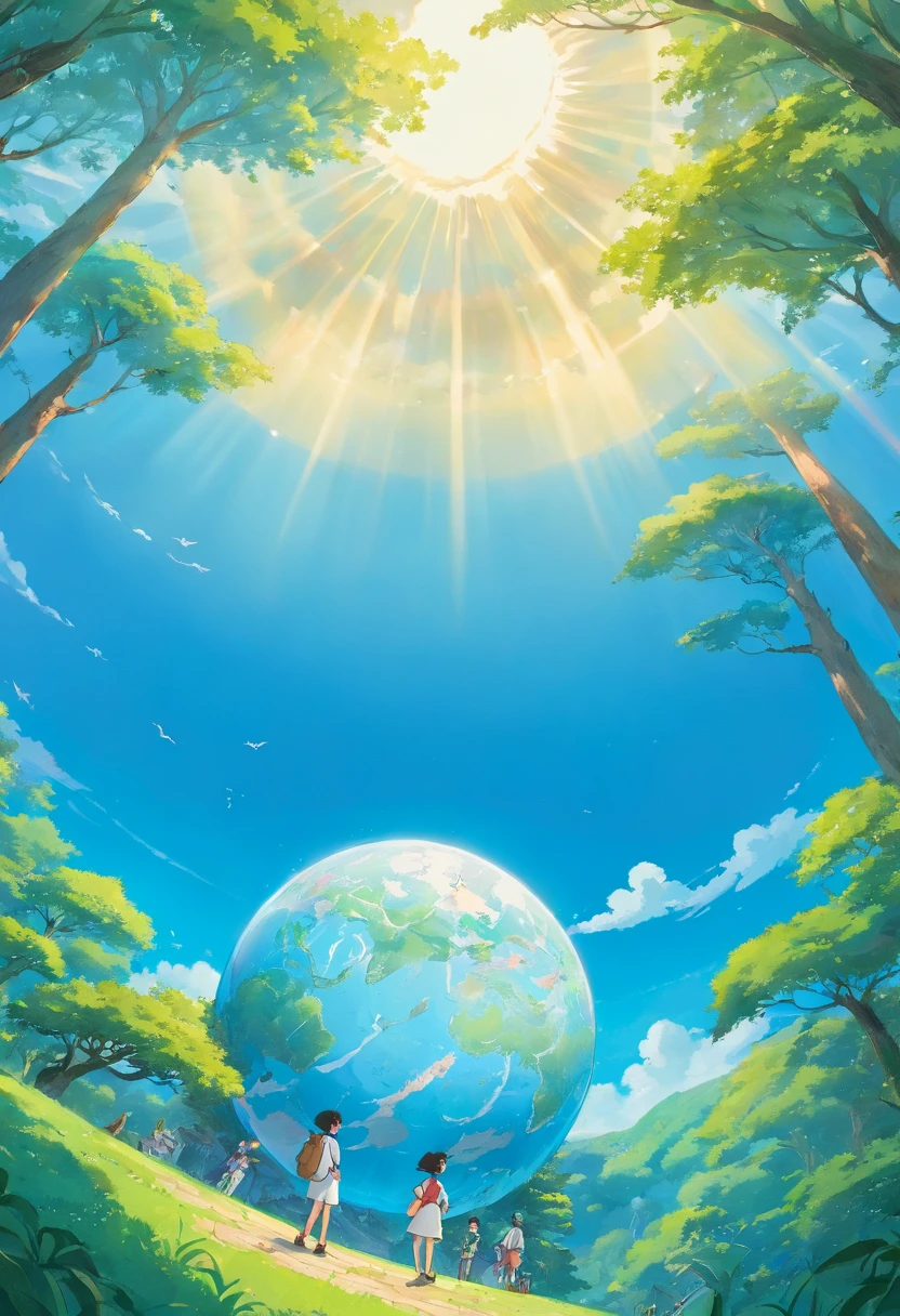 blue backdrop，In the middle is a circular globe，There are trees on the earth、rios，and people who protect the environment，Flat style，1：2。16k