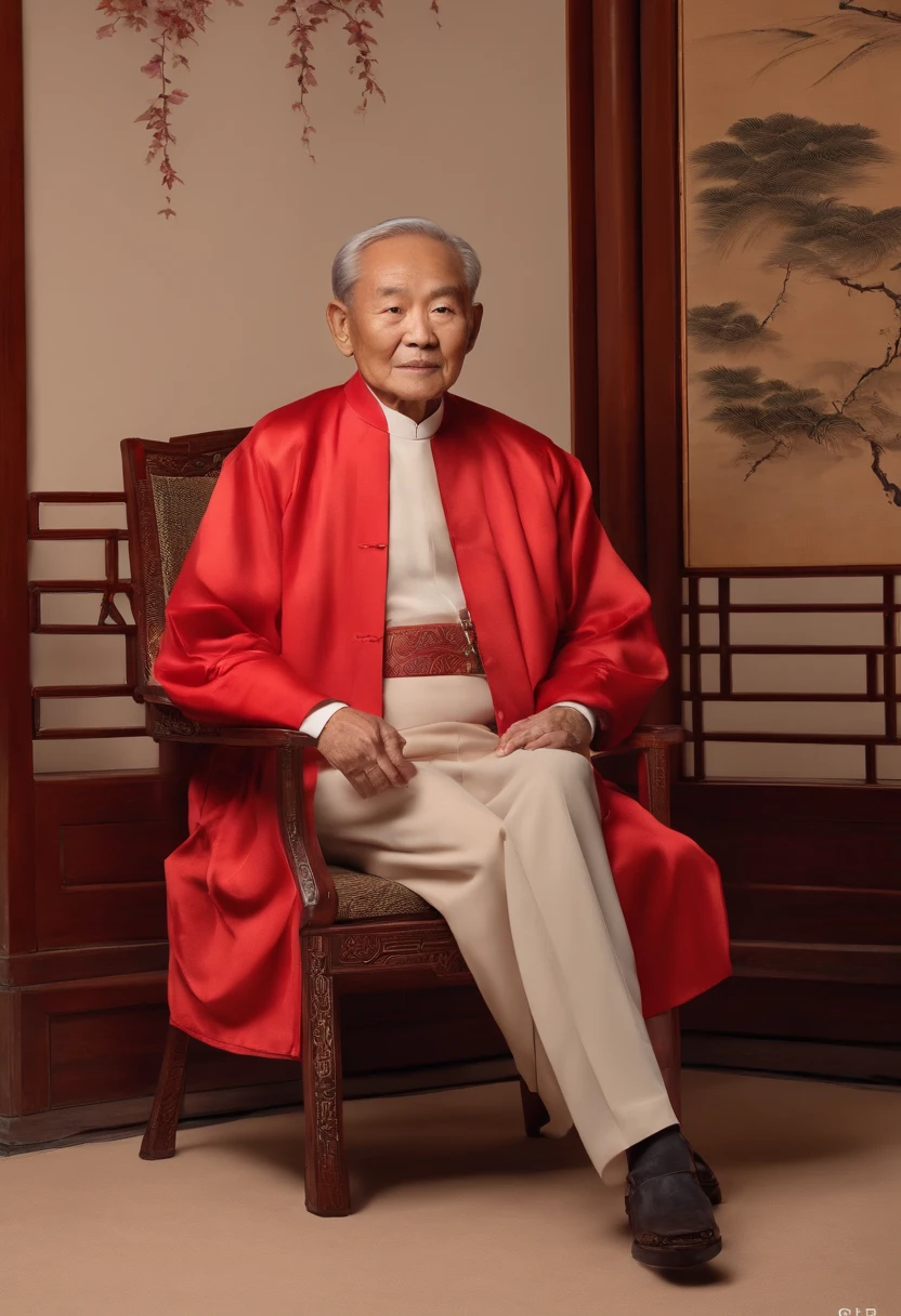 a old man,femele,Wear a Chinese jacket in plain color,The frontal one sits on a chair,In the study,The background is a traditional Chinese painting,Slight smile,kind,Close-up shot,Face the mirror,