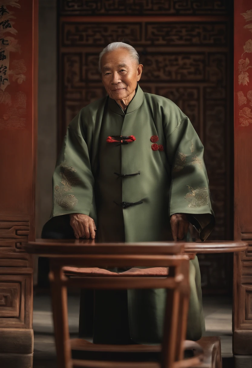 a old man，femele，Wear a Chinese jacket in plain color，The frontal one sits on a chair，In the study，The background is a traditional Chinese painting，Slight smile，kind，Close-up shot，Face the mirror，
