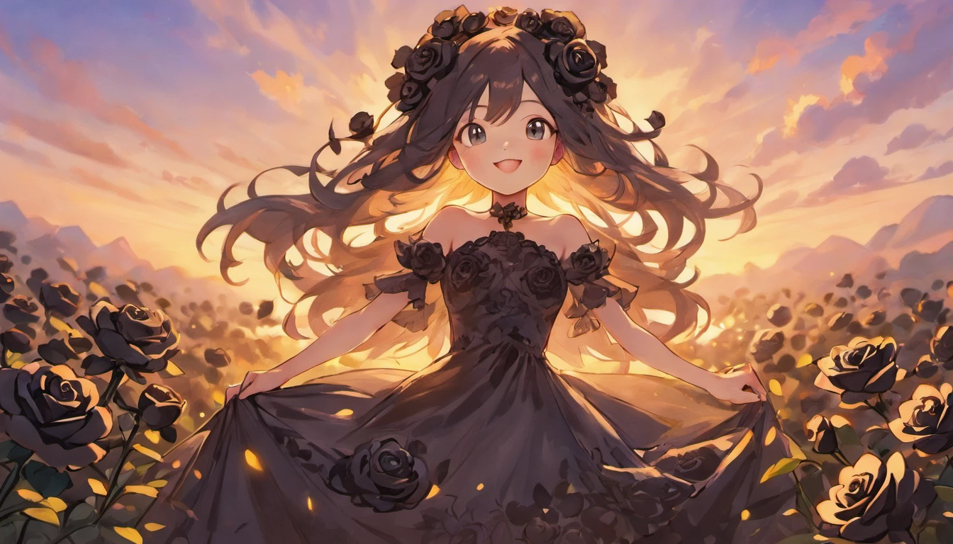 Girl with a dress fully covered with many black roses , front view , long hair , smile , sunset, backlight , realistic, detailed, pencil style