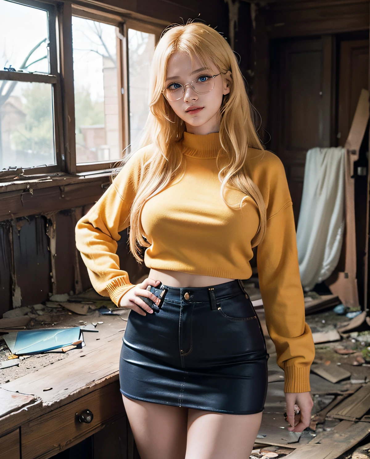 1girl, Blue eyes, (smile), (Sana Minatozaki), wide hips, Big Boobs, big ass, (Best Quality, 8k, Masterpiece: 1.3), perfect hands, Clear Focus: 1.2, Perfect Body Beauty: 1.4 , Slender Abs: 1.2, Highly detailed face and skin texture, detailed eyes, double eyelids, (blonde long hair), (orange sweater), (red miniskirt), (nerdy glasses), (long yellow socks), (standing), dynamic pose, (in a haunted and abandoned house :1.3), ghost in the background