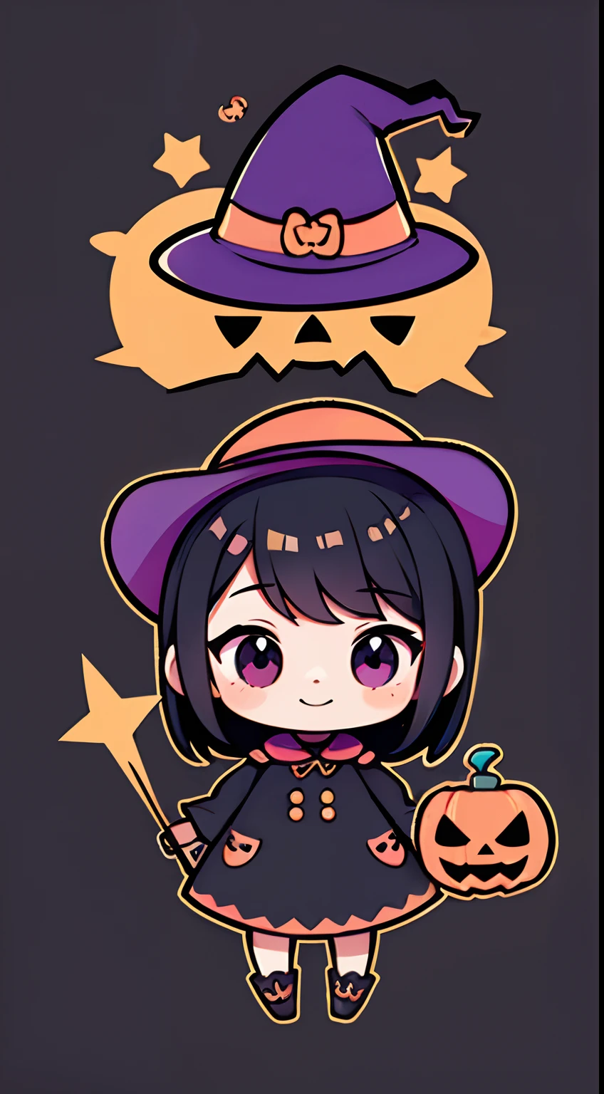 Cute black chibi style doll with cute Halloween theme、full body Esbian、Mini Halloween Doll、A smile、 The Wand and the Magic Book、Glamorous Hat、Halloween Accessories、Draw clothes buttons and pockets in a Halloween style、Cute shoes