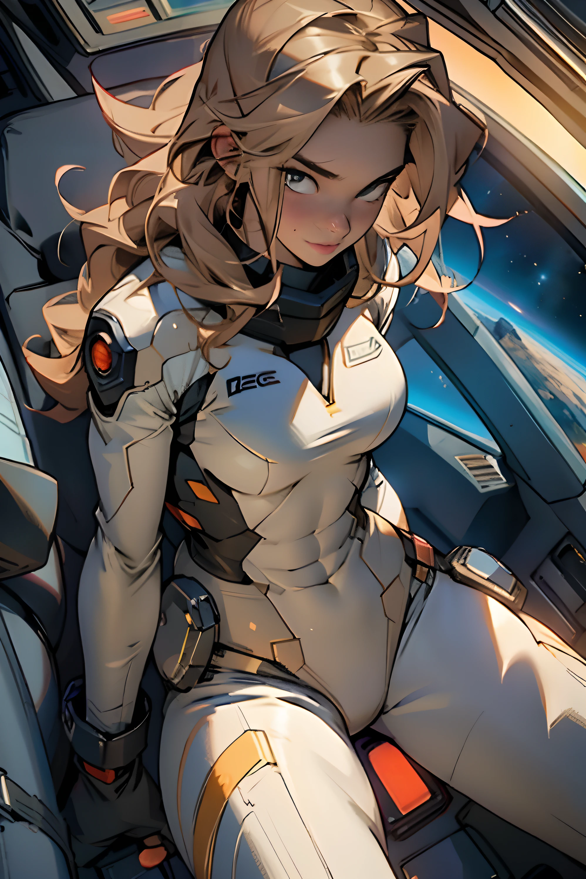 sandy hair fit body large breasts slender thighs slender waist pilot suit solo looking at viewer in space long hair blushing determination, 8k, extreme detail,