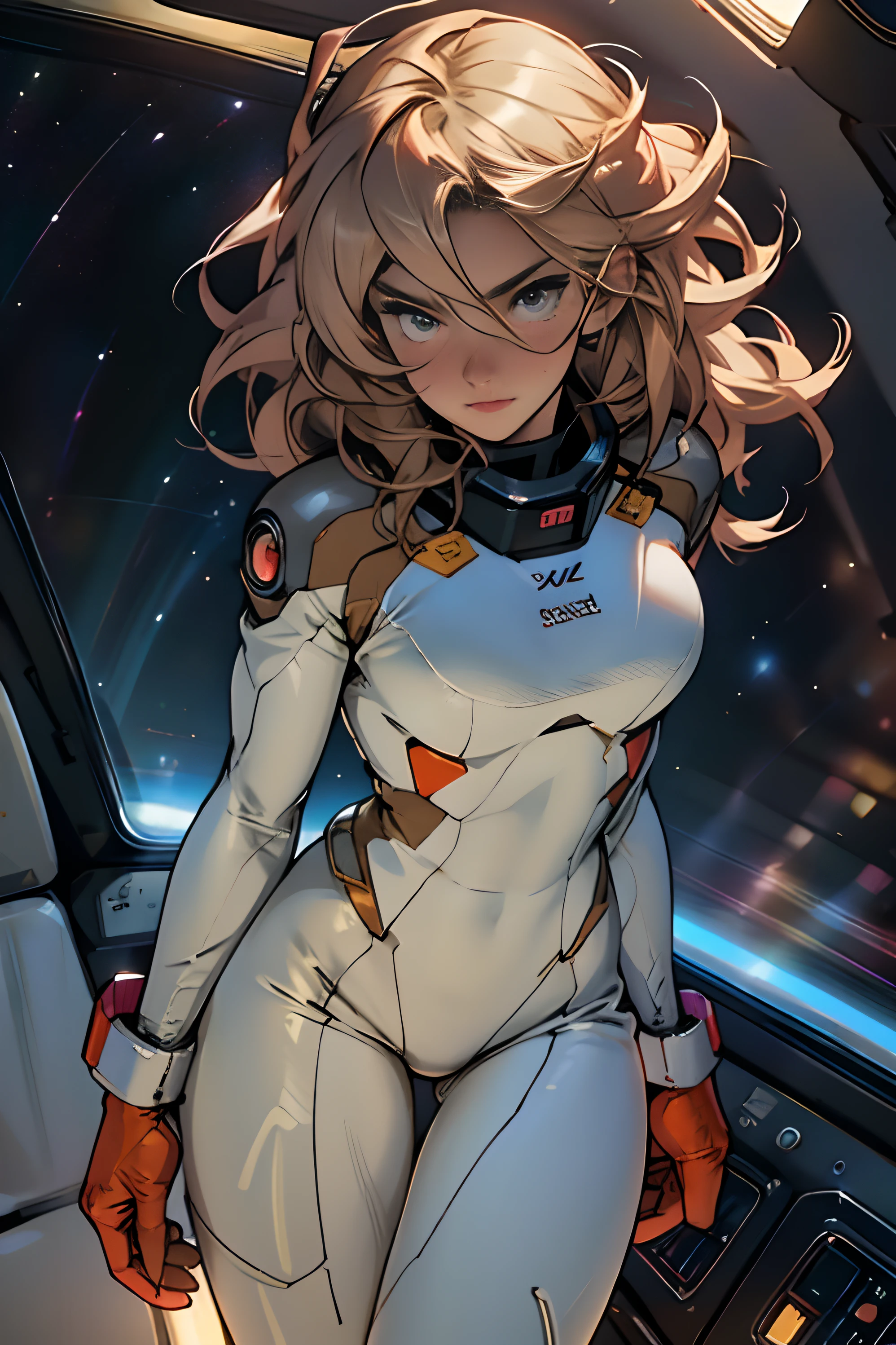 sandy hair fit body large breasts slender thighs slender waist pilot suit solo looking at viewer in space long hair blushing determination, 8k, extreme detail,