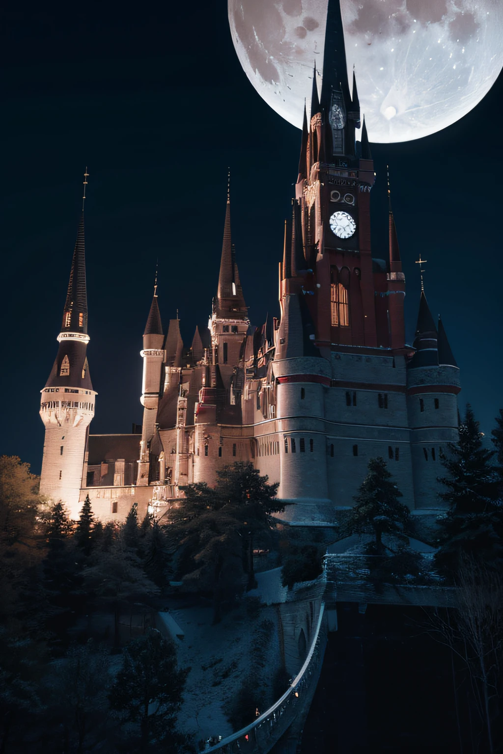 Black, white, red scene (arte em papel cortado: 1.5) A vampire castle in the darkness of the night, an award winning masterpiece (Cut-out art pictures: 1.5), Vampire dark castle at night with towers. turrets, moat, Use only (black: 1.2), (White: 1.2) and (Red: 1.2) colours, Moon stars, Dynamic Angle, Moon lightning, Dynamic Angle, best detail, Best quality, 16k, [Ultra detailed], Masterpiece, Best quality, (Ultra detailed), full bodyesbian, super wide shot, photorealistic 3d render