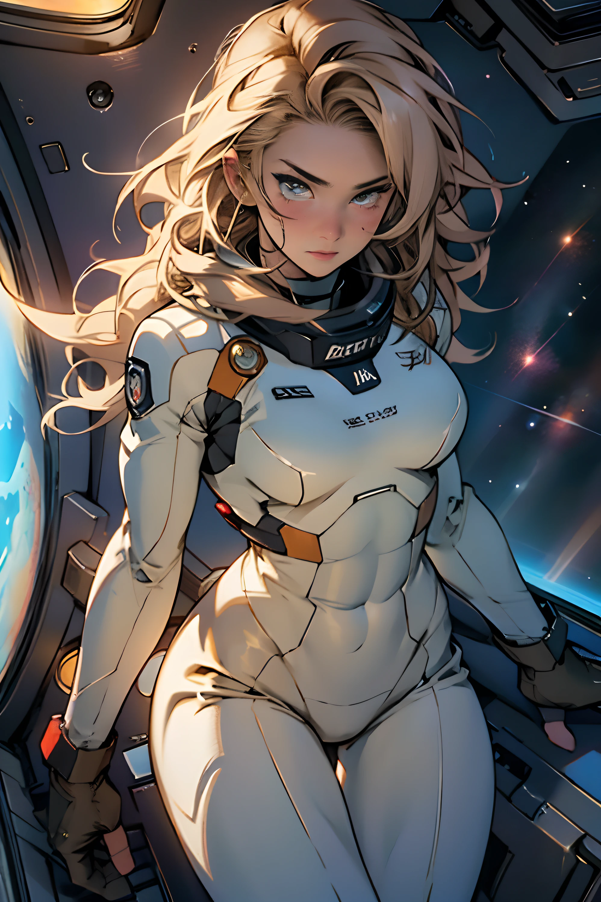 sandy hair fit body large breasts slender thighs slender waist pilot suit solo looking at viewer in space long hair blushing determination, 8k, extreme detail,