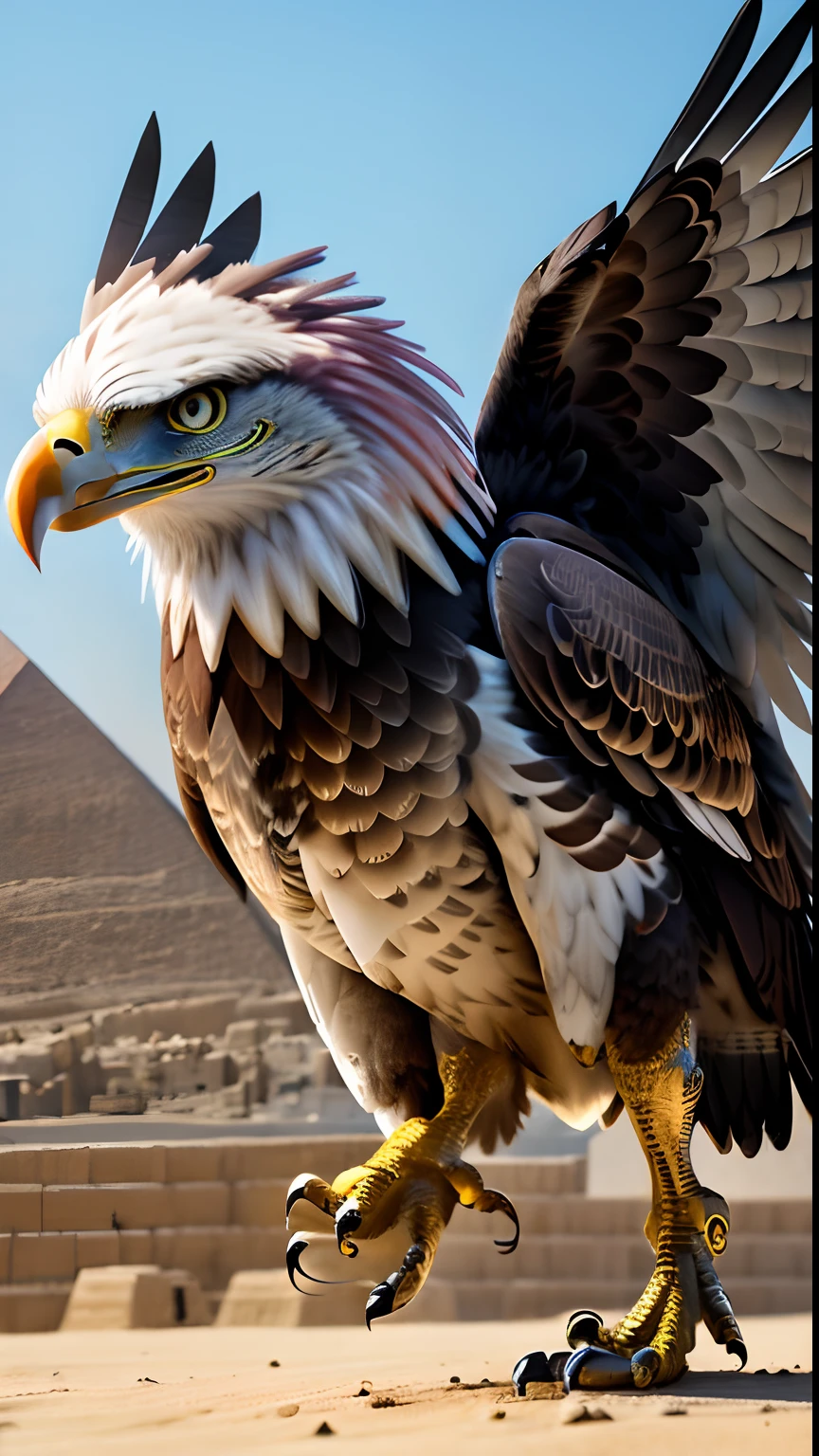 Animalrizz (( eagle )) 10, masterpiece, highres, Absurd,photorealistic portrait, Parley_armature,Egypt,Pyramids, Cute Robot Eagle,In armor ,sphinx,Wear Parley_armature, Massive futuristic armor, running, move,
