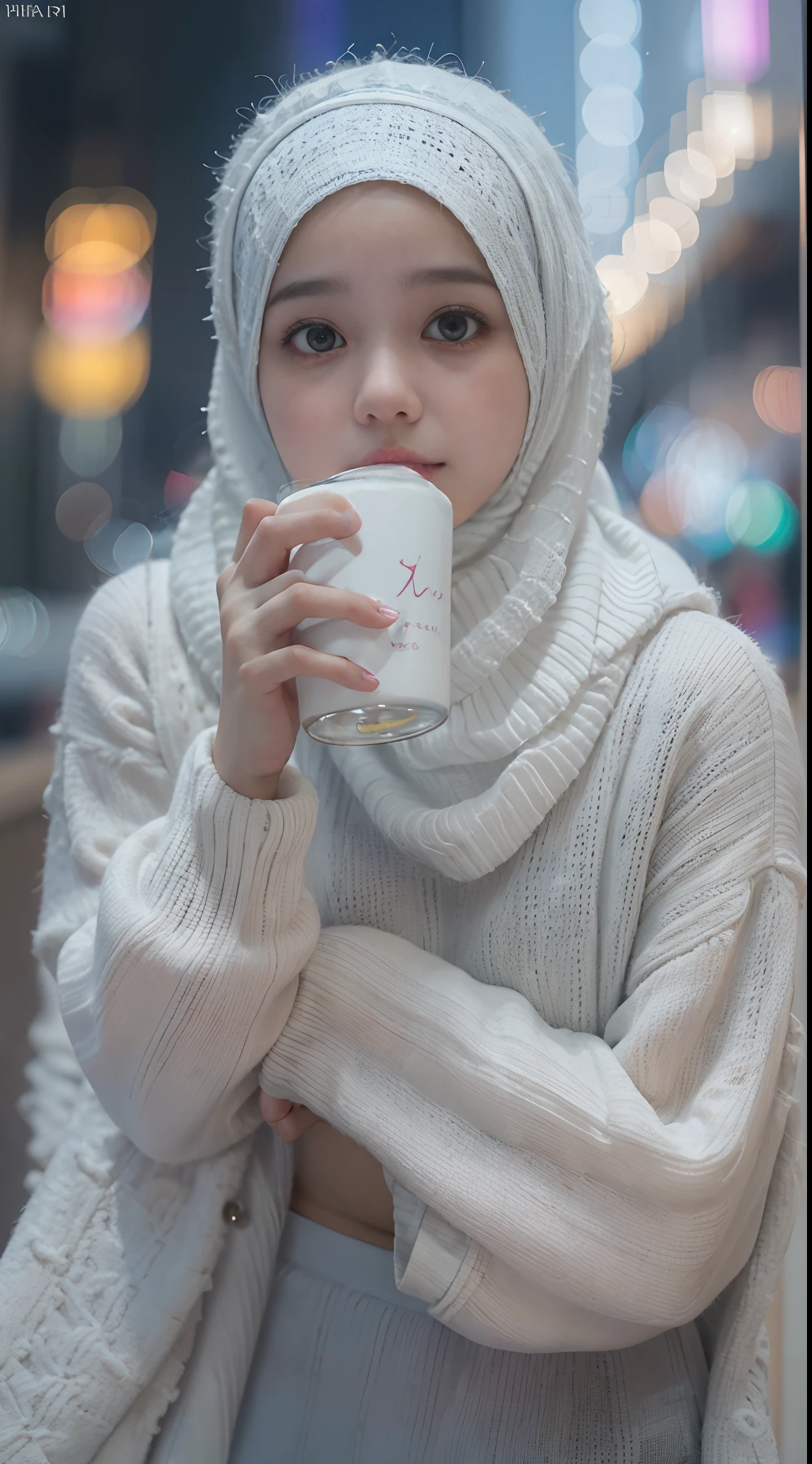 mira filzah drinking glass of milk wearing big knitted sweater and panties in night city street, (mira filzah:1.6), wearing hijab, cute white cat by her side, pastel color hijab, tall,