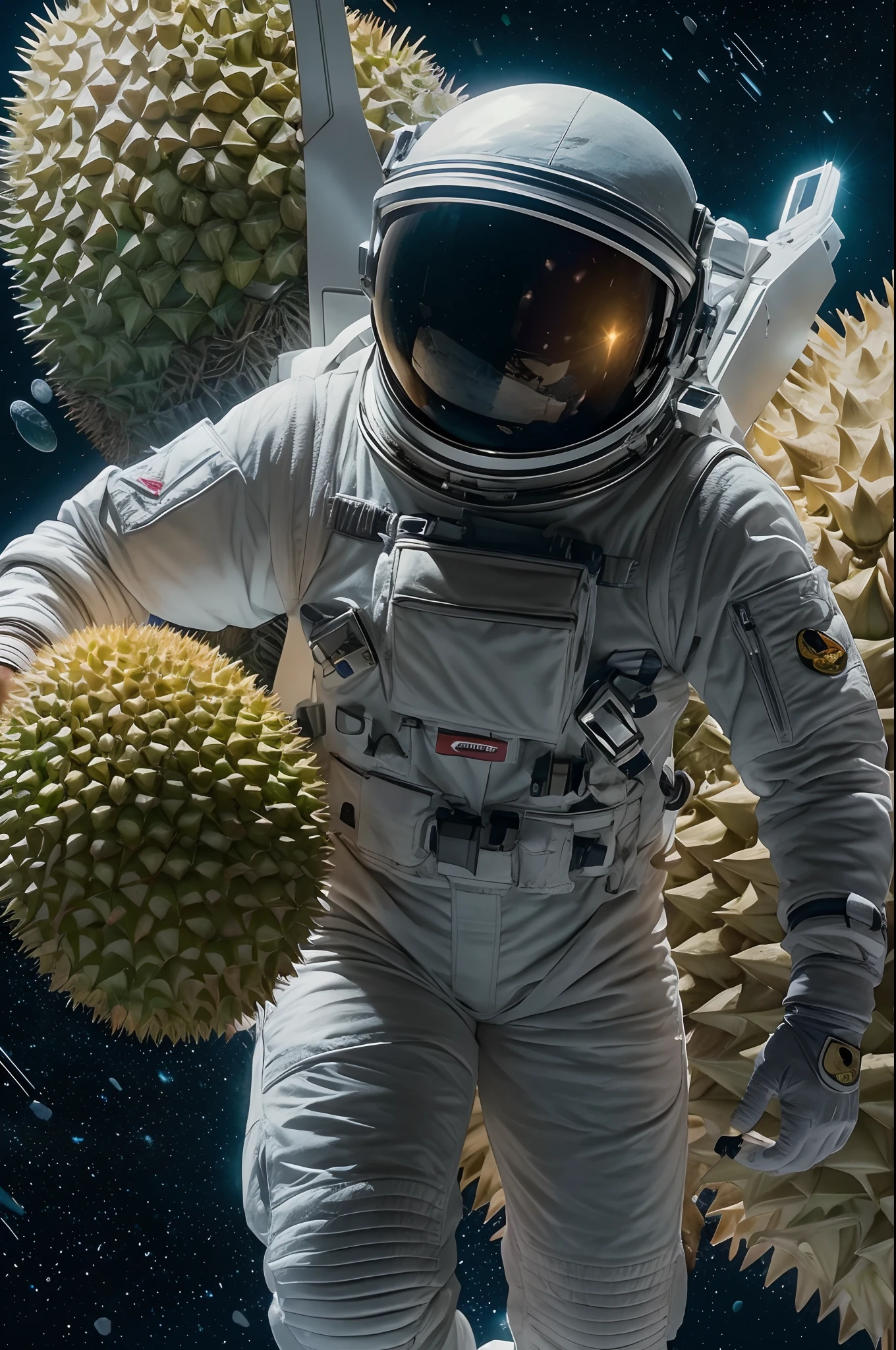 A malay man astronaut carrying a big durian fruit in space, astronaut full suits, a lot of durian fruit floating, movie shot angle, dramatic effect, shocking face, bokeh, cinematic lighting, movie shot framing, earth in background, blur background, high quality, ultra detail, 8k,