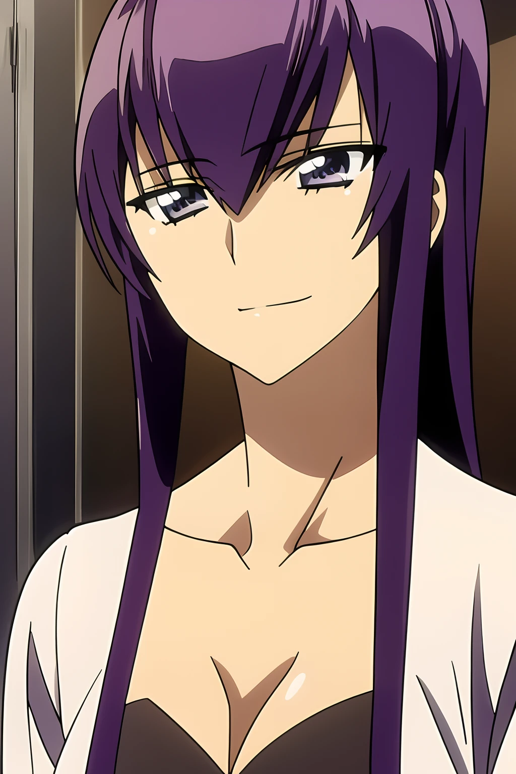 masterpiece, best quality, highres, detailed face, face focus, anime coloring, hitagisenjougahara, long hair, 1girl, solo, blue eyes, medium breasts, purple hair, naked, completely naked,
