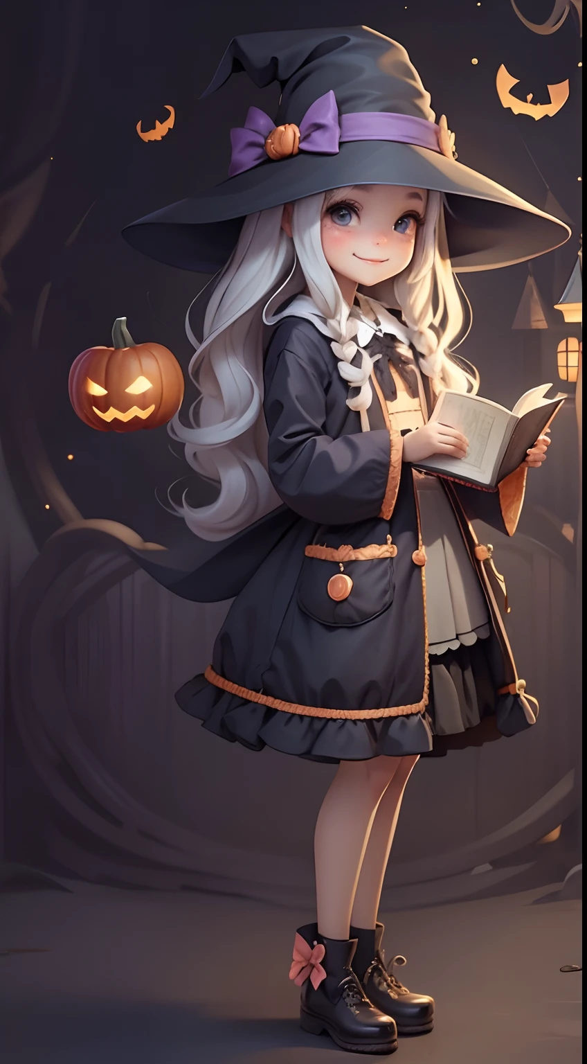 Cute Halloween Theme、full body Esbian、A smile、 magic wands、Magic Book、Glamorous Hat、Halloween Accessories、Draw clothes buttons and pockets in a Halloween style、Cute shoes