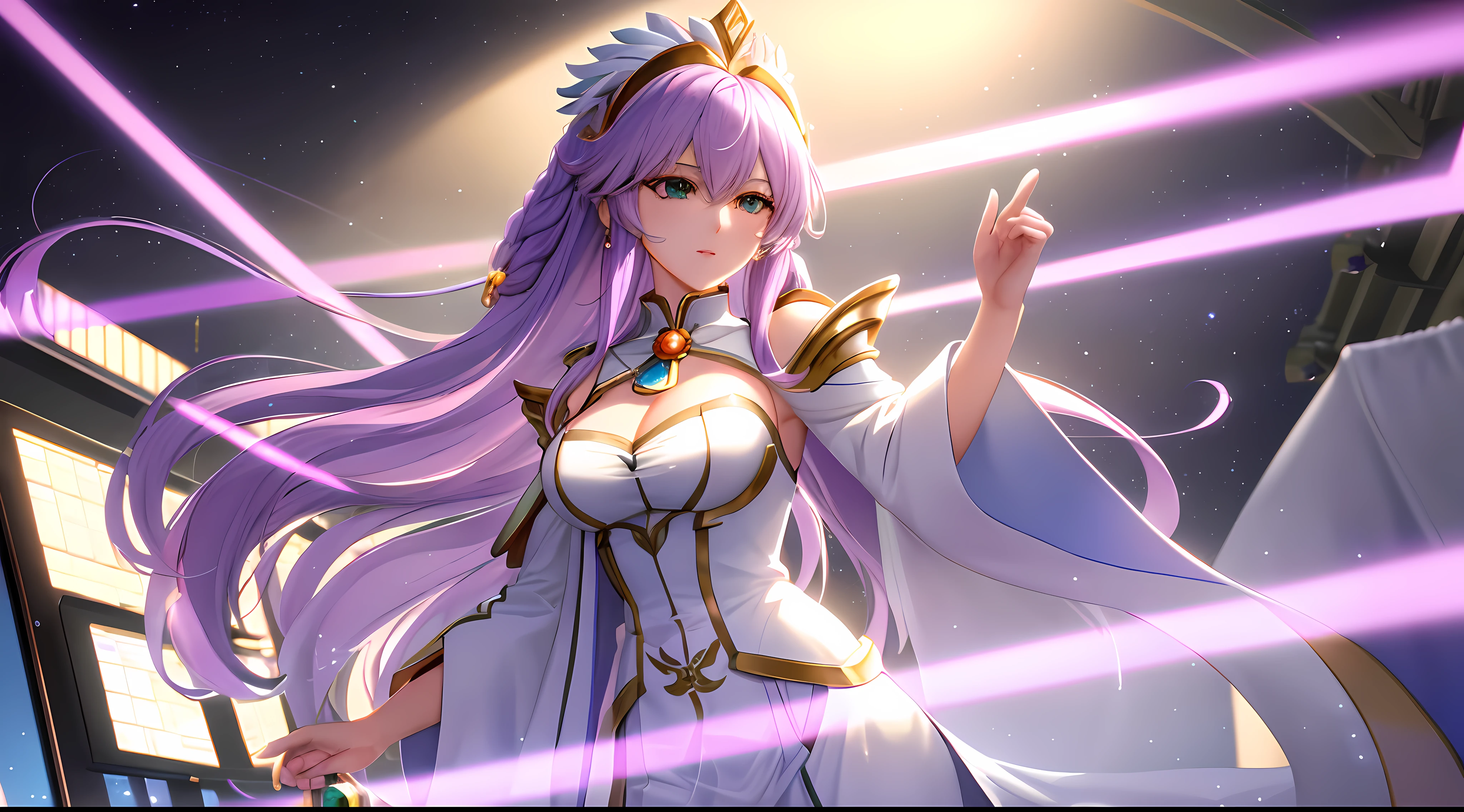 Saint seiya Athena with plain long light purple hair,hair between eyes,green eyes,rosy cheeks,full lips,thin eyebrows,slender body,wearing coat necktie and full long skirt,praying beads on neck,cute anime girl,full body,classroom computer in background,anime style,Lumen Reflections,Screen Space Reflections,Diffraction Grading,Chromatic Aberration,GB Displacement,Scan Lines,Ray Traced,Anti-Aliasing,FXAA,TXAA,RTX,SSAO,Shaders,OpenGL-Shaders, GLSL-Shaders,Post Processing,Post-Production,cell Shading,Tone Mapping,CGI,VFX,SFX,insanely detailed and intricate, 4K,standing, solo, masterpiece, best quality, detailed face, detailed eyes, highres, standing, solo,masterpiece, best quality