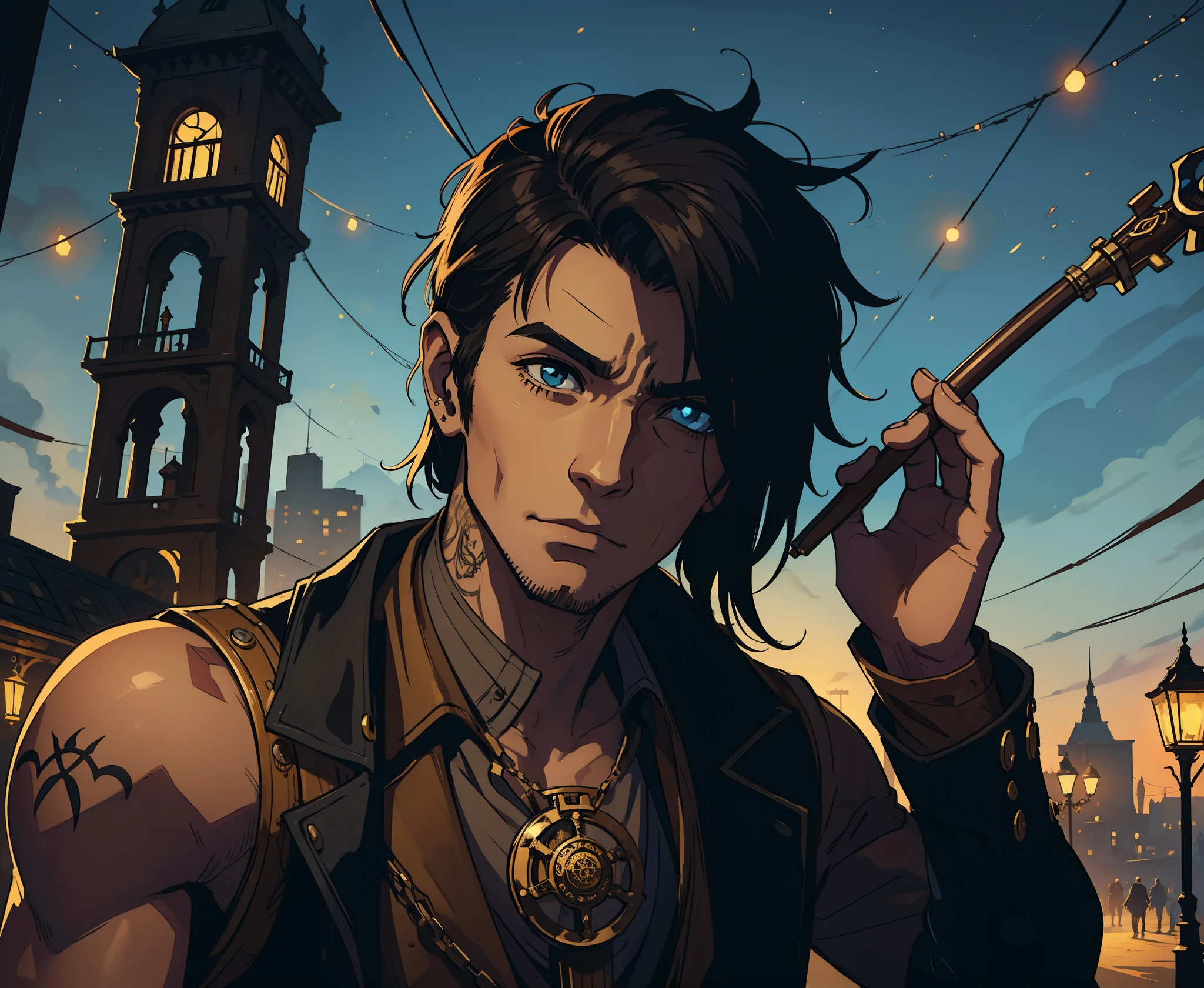 1 homem lindo com tattuagem Steampunk, An art for an RPG A non-human night background of the city ((Very detailed strokes))