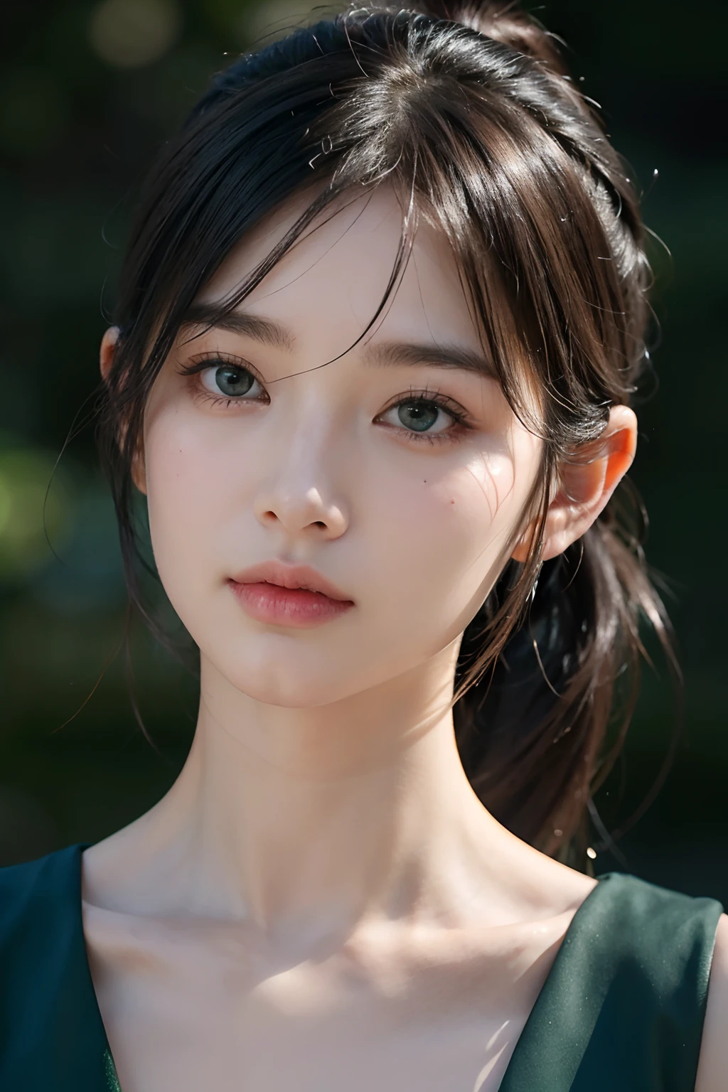 Extraordinary Beauty, oval jaw, Delicate features, beautiful countenance, long bangs, pony tail, bright green eyes , Close-fitting material, shinny skin, beautiful countenance,  in the dark , in the dark, deep shadow,