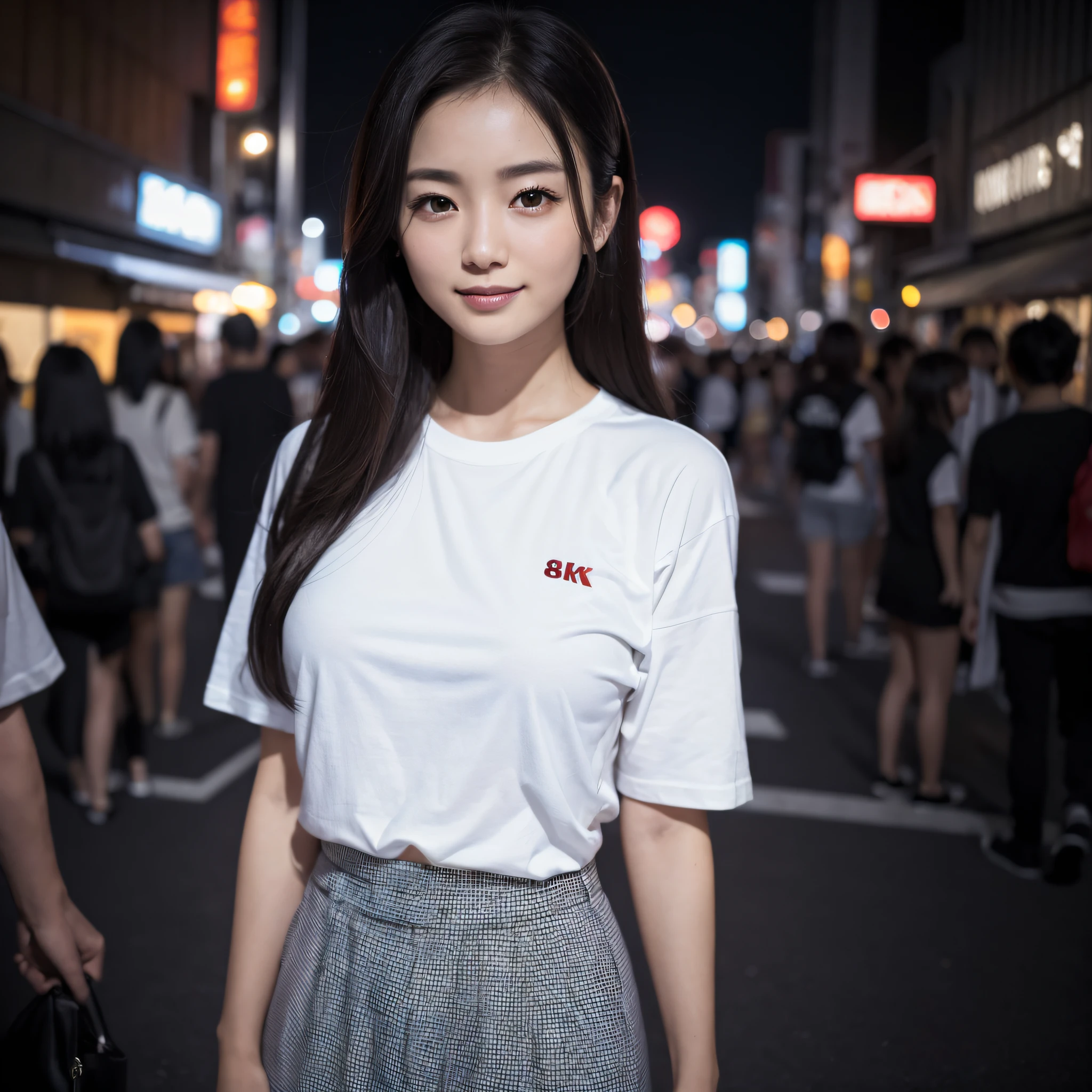 One lady、((best qualtiy、8k masterpieces:1.3))、foco nítido:1.2、(ultra beautiful faces:1.0)、(shinny skin:1.0)、photos realistic、A dark-haired、Video Lighting、High-definition eyes and face、Video Lighting、Japanese cute actress)、from the front side、medium breasts、Smile、Slender Abs Beauty、Whole body、wearing t-shirts、in tokyo at night