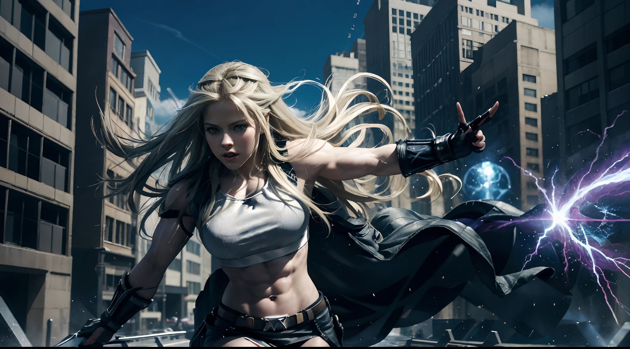 hyperrealistic, 8k definition, masterpiece, very detailed, 24yr old (Avril Lavigne:1) with huge muscles flying thru the sky (like Xmen Rogue) over a modern city, wearing white shirt and miniskirt , holding thunder in her hand, electric hair, dressed like Xmen Rogue, perfect body, showing abs and legs, (hyperrealistic portrait, big depth of field, colors, polycount), concept art, wide shot, full body in the picture