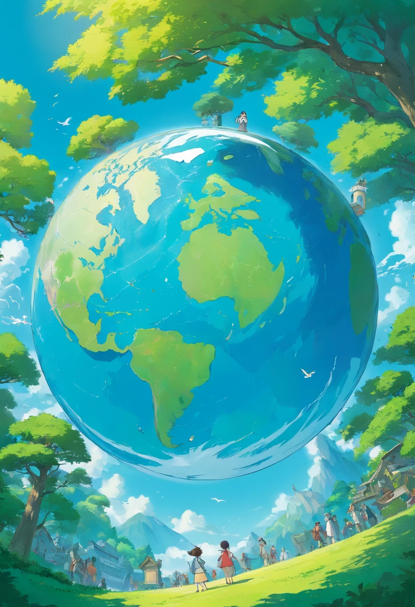 solid blue background,In the middle is a circular globe,There are trees in the earth、rios,and people who protect the environment,Flat style
