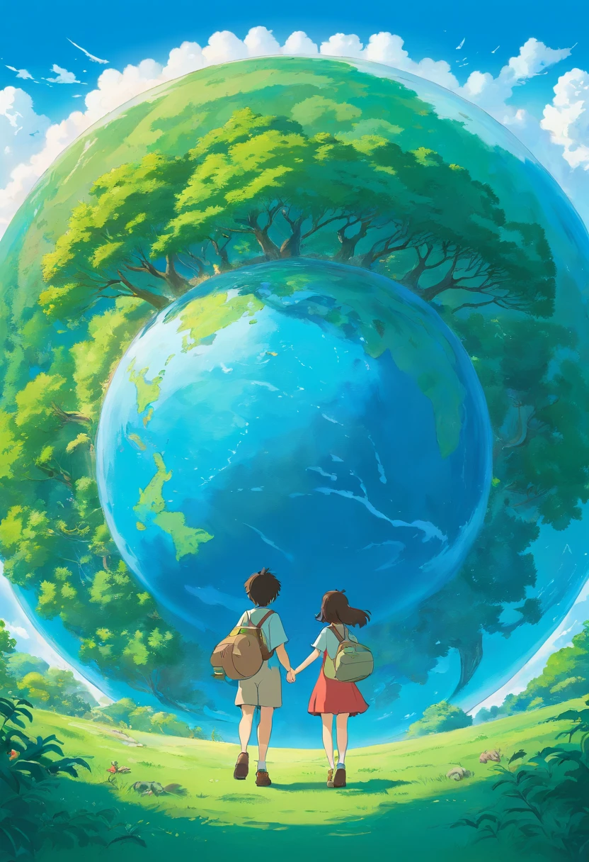 solid blue background，In the middle is a circular globe，There are trees in the earth、rios，and people who protect the environment，Flat style