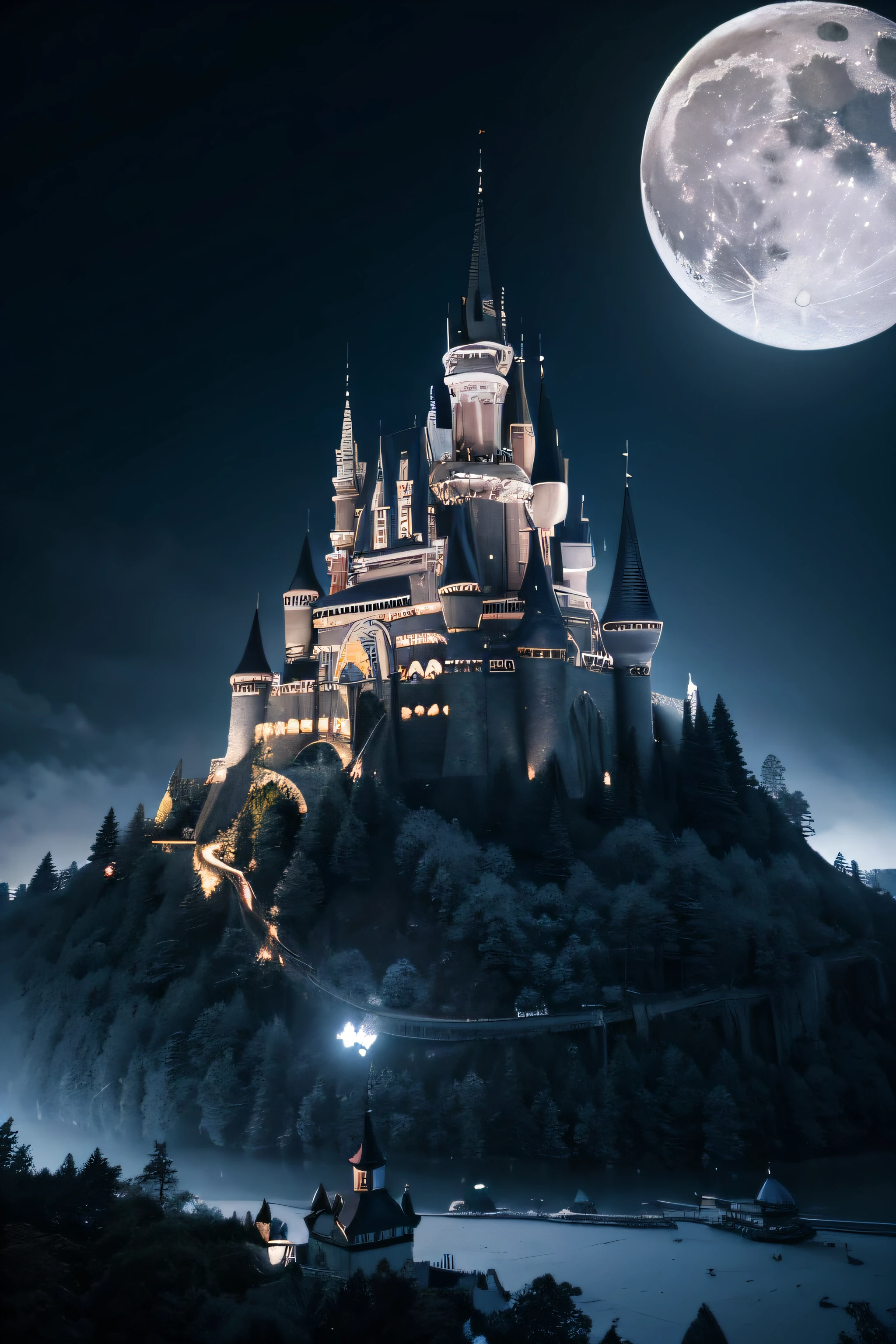 Black, white, red scene (arte em papel cortado: 1.5) A vampire castle in the darkness of the night, an award winning masterpiece (Cut-out art pictures: 1.5), Vampire dark castle at night with towers. turrets, moat, Use only (black: 1.2), (White: 1.2) and (Red: 1.2) colours, Moon stars, Dynamic Angle, Moon lightning, Dynamic Angle, best detail, Best quality, 16k, [Ultra detailed], Masterpiece, Best quality, (Ultra detailed), full bodyesbian, super wide shot, photorealistic 3d render