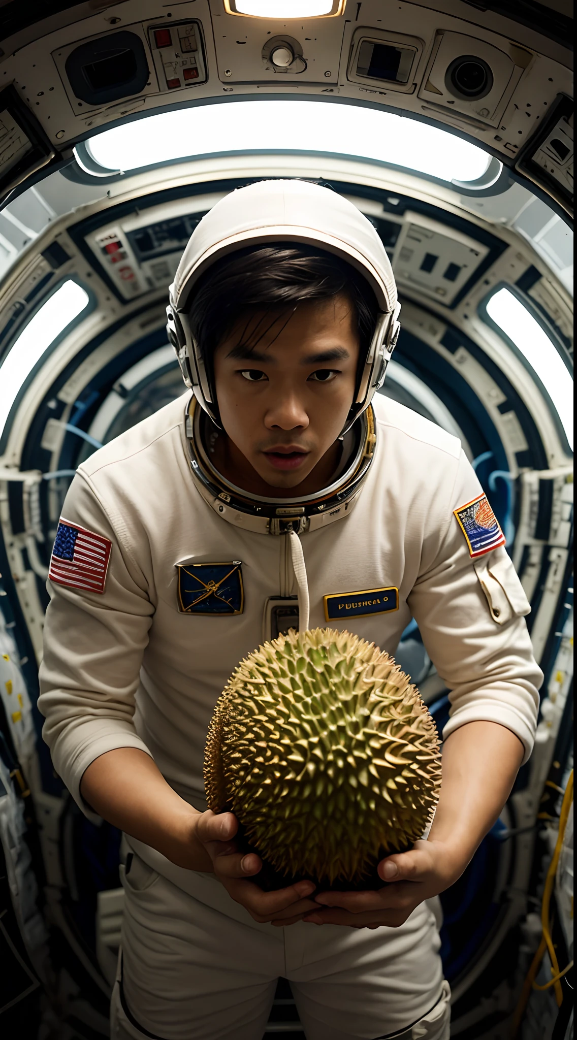 A malaysian man astronaut carrying a big durian fruit in space, astronaut full suits, a lot of durian fruit falling like meteor, movie shot angle, dramatic effect, shocking face, bokeh, cinematic lighting, movie shot framing, earth in background, blur background, high quality, ultra detail, 8k,