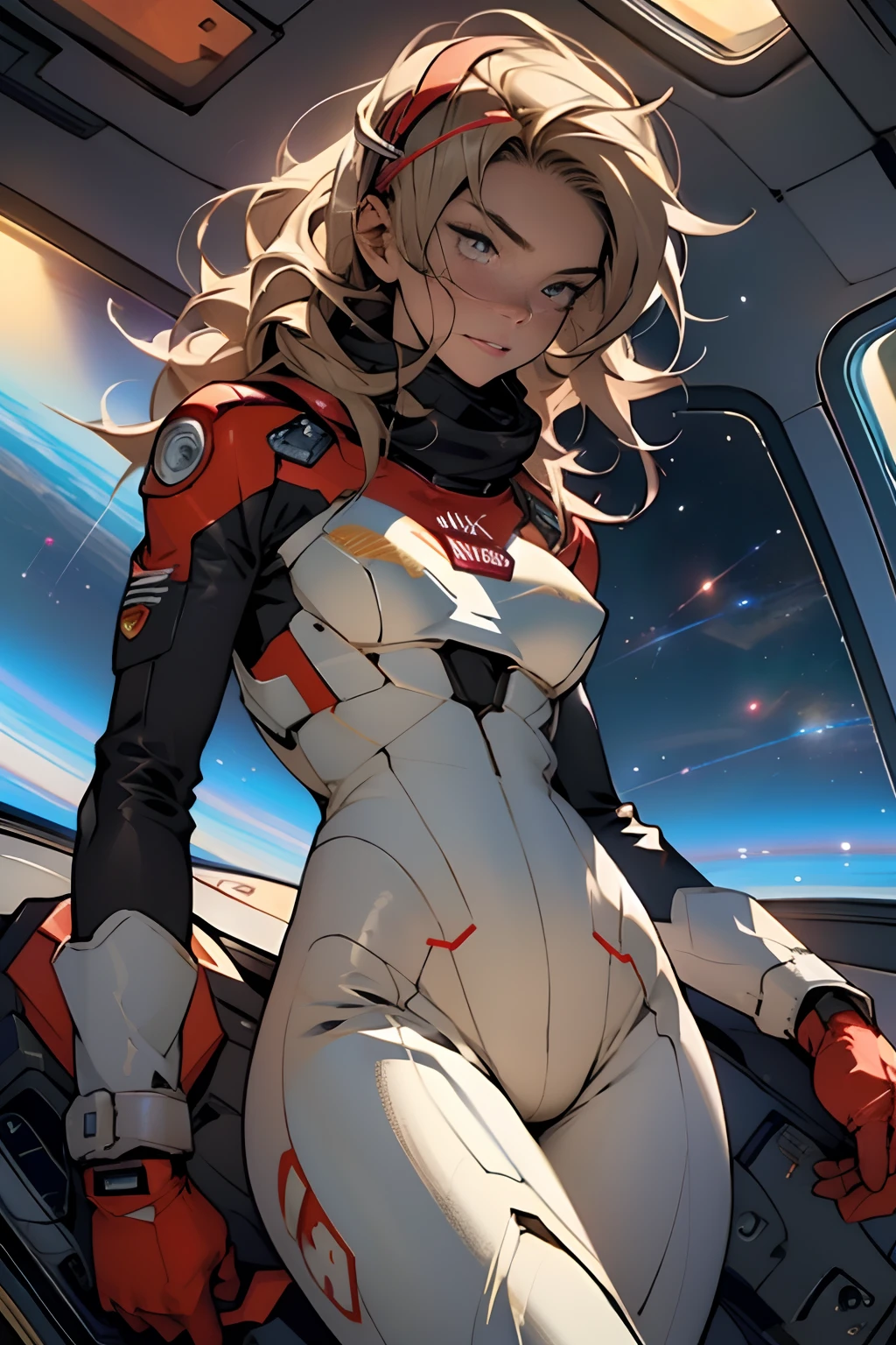 sandy hair fit body large breasts slender thighs slender waist pilot suit solo looking at viewer in space long hair blushing determination, 8k, extreme detail,