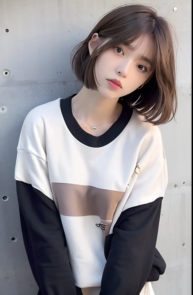 mix4,(top-quality), (Photorealsitic),(Concrete wall background:1.2), 1girl in, The upper part of the body, High Detail Face,, (Very light hair color on the inner)、FujifilmXT3、、Bordeaux、For high-waisted pants in neutral tones such as blue、、Creates a sleek and powerful look (8K)、Less bangs、(shorth hair:1.3)、(Hair with outward ends:1.4)、Wet hair、Spoiled sexy face、Delicate and realistic skin and hair、cowboy  shot、Oversized sweatshirt、(bobhair:1.1)、（The whole hair is black、High-tone color of orange only on the inside:1.3）