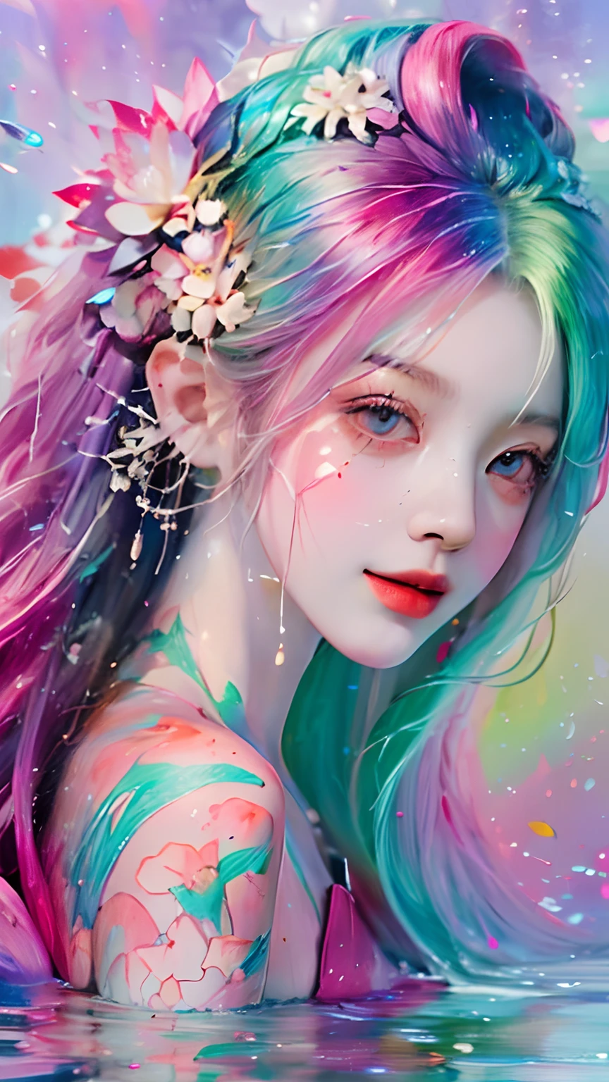 (Masterpiece, Best quality, high resolution), Lotus background, ((paint splatter, colored splashing, Splash of Ink, colored splashing)), ((Sweet Chinese girl, Rainbow hair)), Pink lips, Front, Upper body,Lotus in the background, Lotus flowers in the water,ssmile