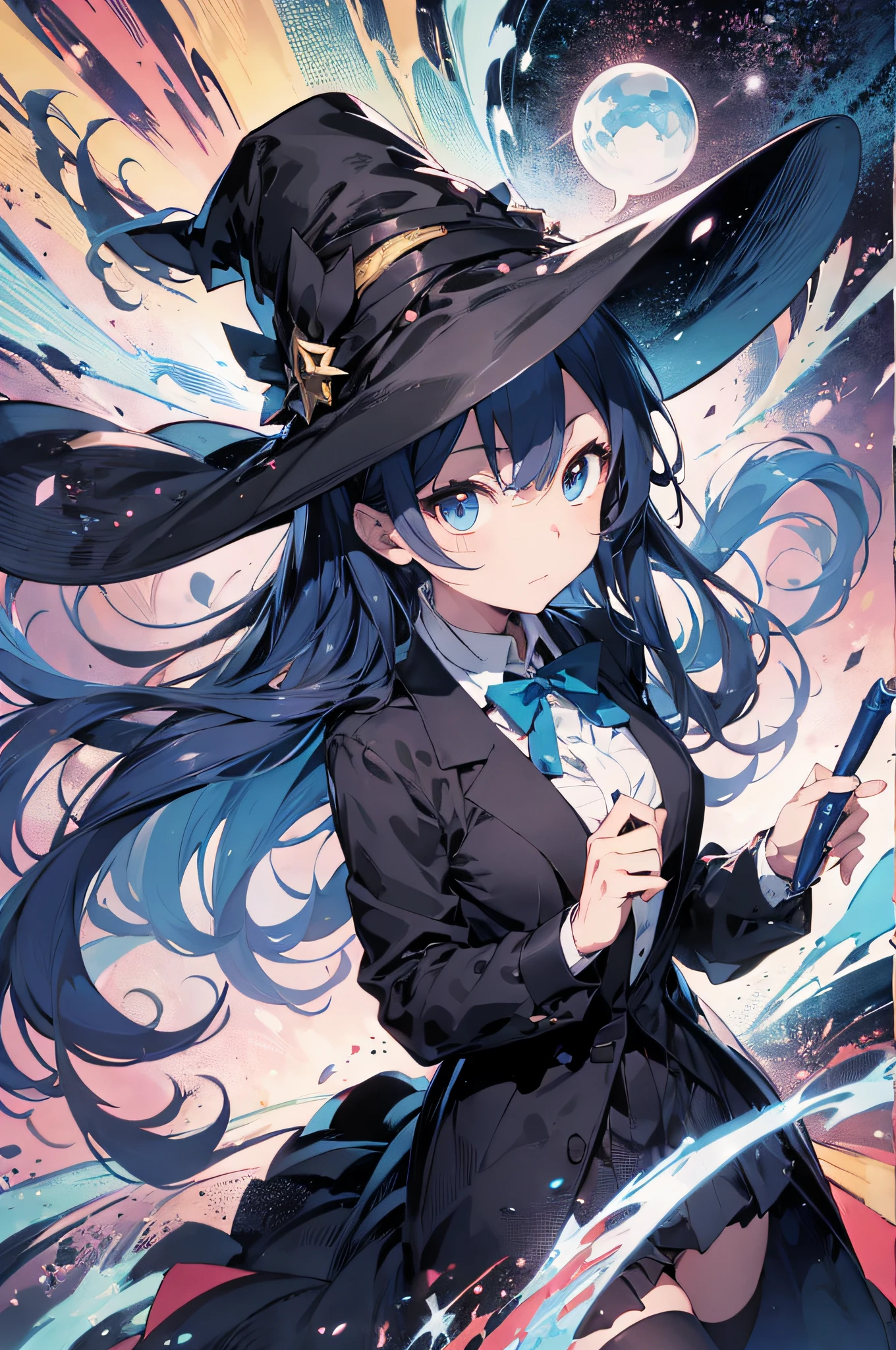 Dressed in a tuxedo and top hat、Anime character with a magic wand, female mage, long blue hair, marin kitagawa fanart, anime moe art style, magia, Black - Hair Wizard, Official Character Art, magic uniform, nffsw, full portrait of elementalist, trigger anime art style, Flirting anime witch magic cast, offcial art, Gorgeous Celestial Mage, Zero-chan Art Wakame、wakame、wakame、wakame、wakame、wakame、wakame、