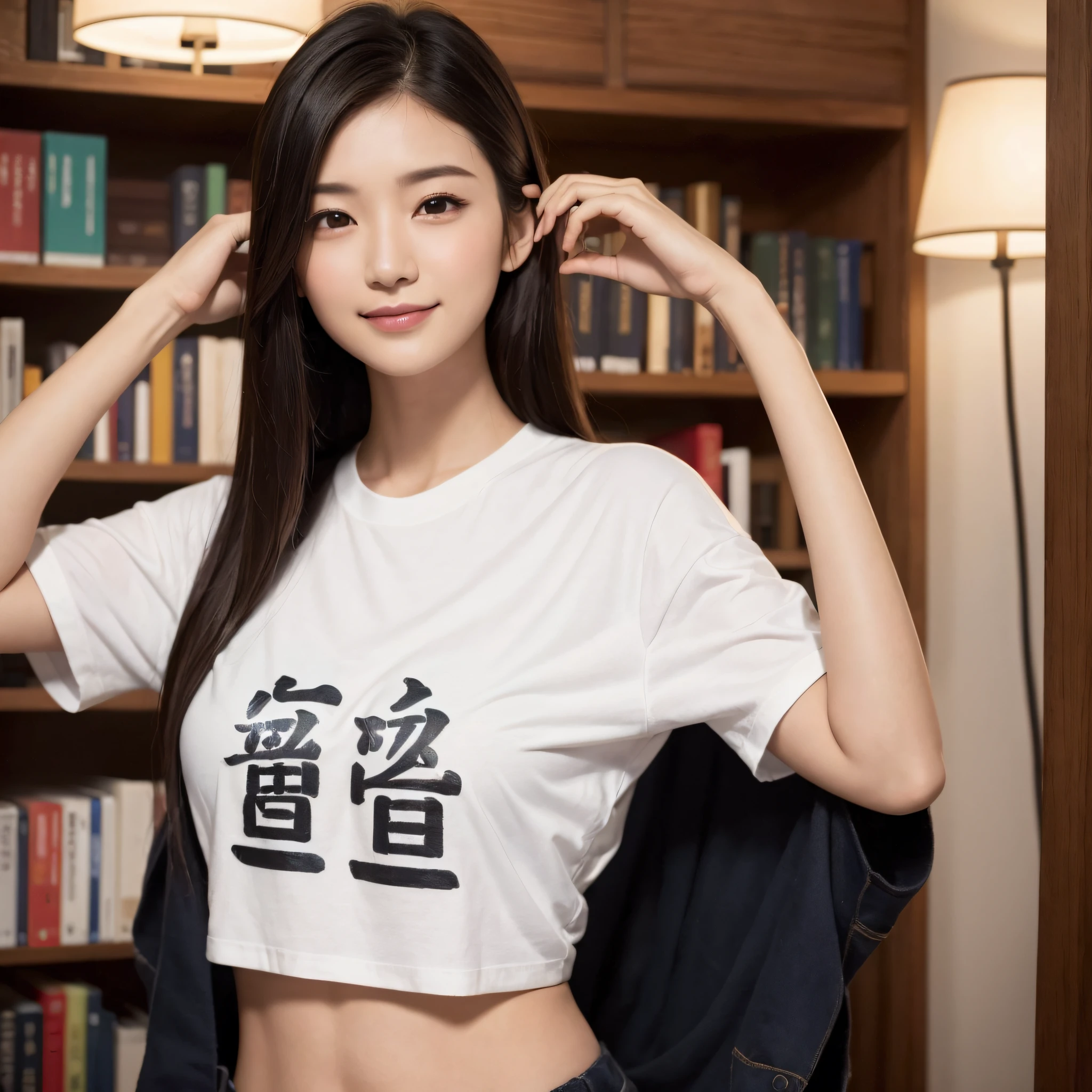 One beauty、((best qualtiy、8k masterpieces:1.3))、foco nítido:1.2、(ultra beautiful faces:1.0)、(shinny skin:1.0)、photos realistic、A dark-haired、Video Lighting、High-definition eyes and face、Video Lighting、Japan idle、from the front side、medium breasts、Smile、Slender Abs Beauty、Whole body、Wearing a T-shirt with Japan kanji written on it、at the library