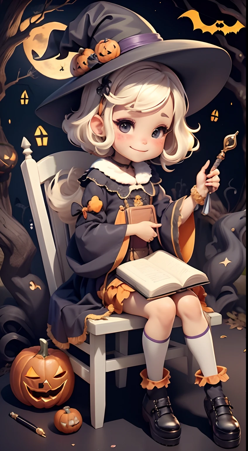 Cute Halloween Theme、full body Esbian、A smile、 The Wand and the Magic Book、Glamorous Hat、Halloween Accessories、Draw clothes buttons and pockets in a Halloween style、Cute shoes、sit a chair