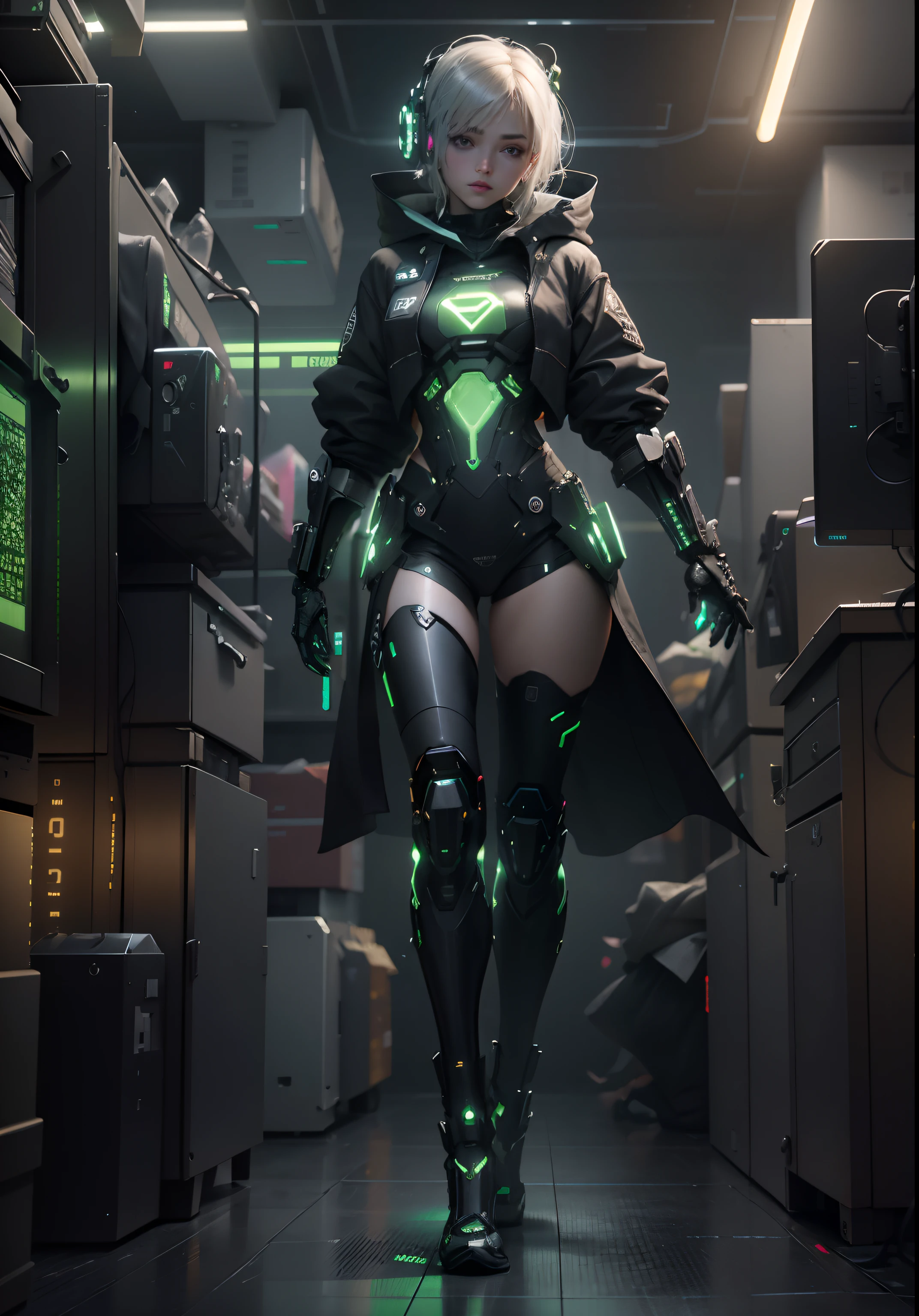 （（best qualtiy））， （（tmasterpiece））， （The is very detailed：1.3）， 。.3D， big breasts beautiful （cyber punk perssonage：1.3） Female hacker，Green coat，Mechanical limbs，Operate a computer terminal、computer servers、LCD screens、Fiber optic cable、Corporate logo、hdr（HighDynamicRange）、Ray traching、NVIDIA RTX、Hyper-Resolution、illusory 5、sub surface scattering、PBR Texture、Post-processing、Anisotropic filtering、depth of fields、Maximum clarity and sharpness、Many-Layer Textures、Albedo e mapas Speculares，Surface coloring，Accurately simulate photo-material interactions，perfectly proportions，rendering by octane，twotonelighting，Low ISO，White balance，trichotomy，Wide aperture，8K raw data，High-Efficiency Sub-Pixel，sub-pixel convolution，Luminous Particle，