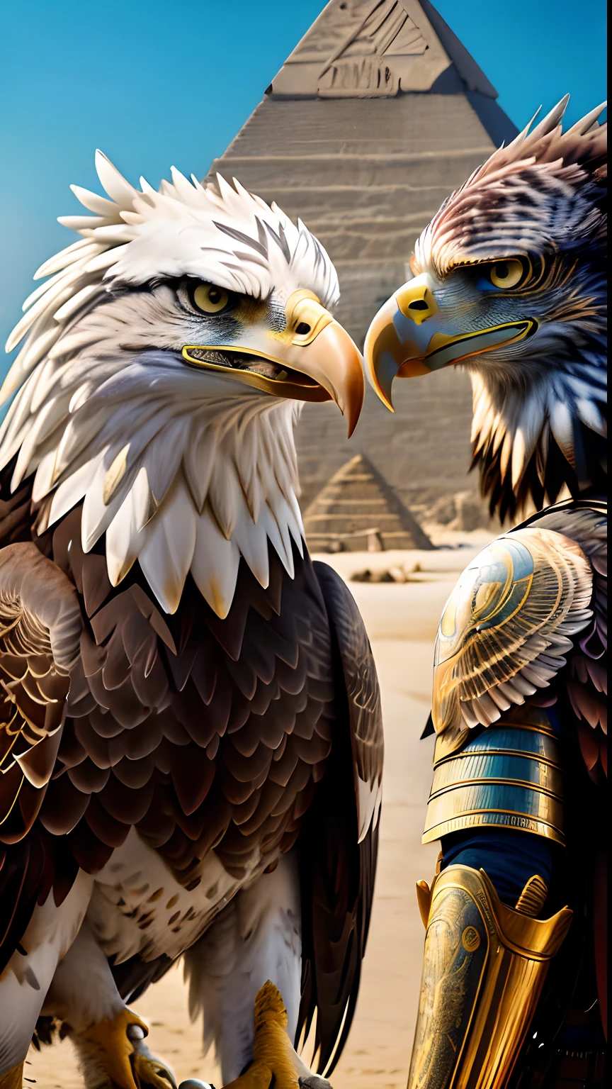 Animalrizz   (( eagle )) 10, 2 eagles fighting each other.,master-piece, highres, Absurd,photorealistic portrait, Parley_armature,Egypt,Pyramids, Cute Robot Eagle,In armor ,sphinx,Wear Parley_armature, Massive futuristic armor, running, move,