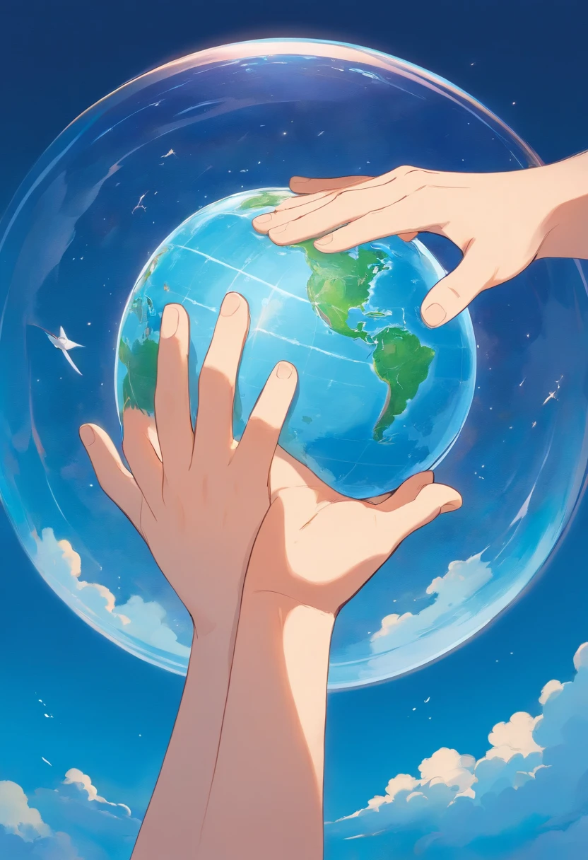 solid blue background,A hand came out from the left,Above the hand is a round globe