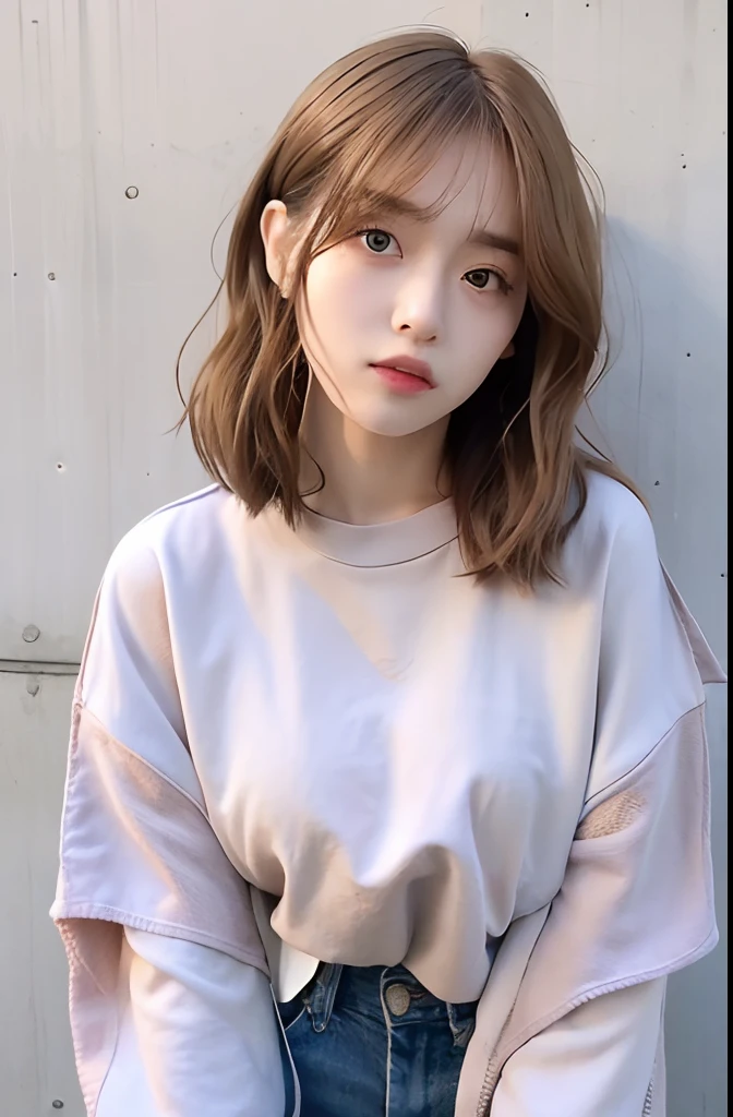 mix4,(top-quality), (Photorealsitic),(Concrete wall background:1.2), 1girl in, The upper part of the body, High Detail Face,, (Very light hair color on the inner)、FujifilmXT3、、Bordeaux、For high-waisted pants in neutral tones such as blue、、Creates a sleek and powerful look (8K)、Less bangs、(shorth hair:1.3)、(Hair with outward ends:1.4)、Wet hair、Spoiled sexy face、Delicate and realistic skin and hair、cowboy shot、Oversized sweatshirt、(bobhair:1.1)、(The entire hair is blackened、Orange high-tone color on the inside only:1.3)
