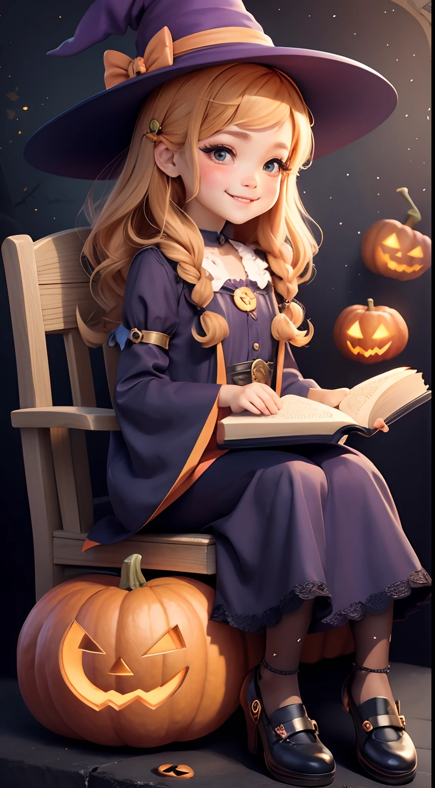 Cute Halloween Theme、full body Esbian、A smile、 The Wand and the Magic Book、Glamorous Hat、Halloween Accessories、Draw clothes buttons and pockets in a Halloween style、Cute shoes、sit a chair