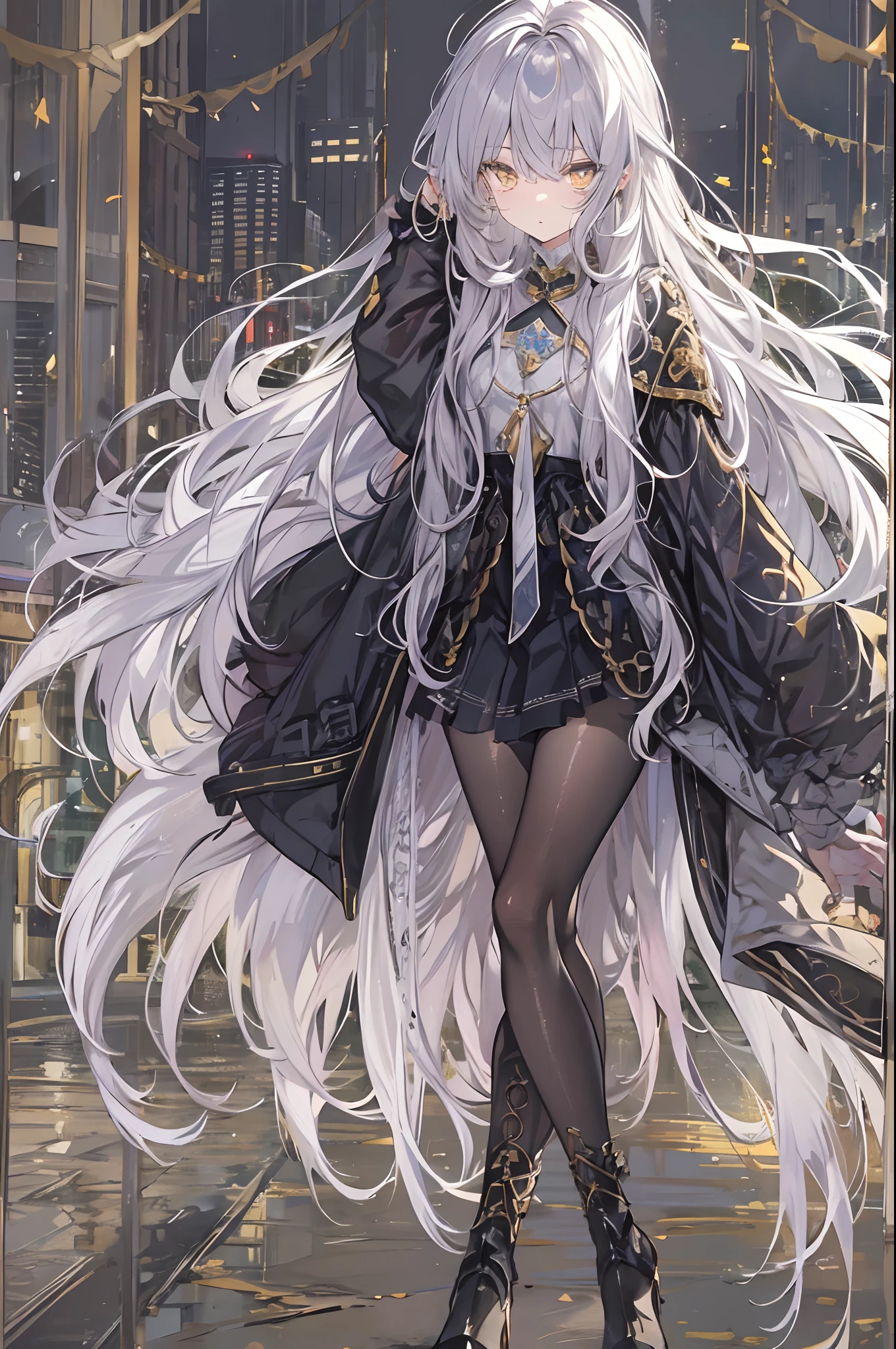 silber hair、Semi-long hair,{{{{{{{{ Black Parker Oversize }}}}}}}},beautiful and delicate golden eyes,Thinking,Black clothes,