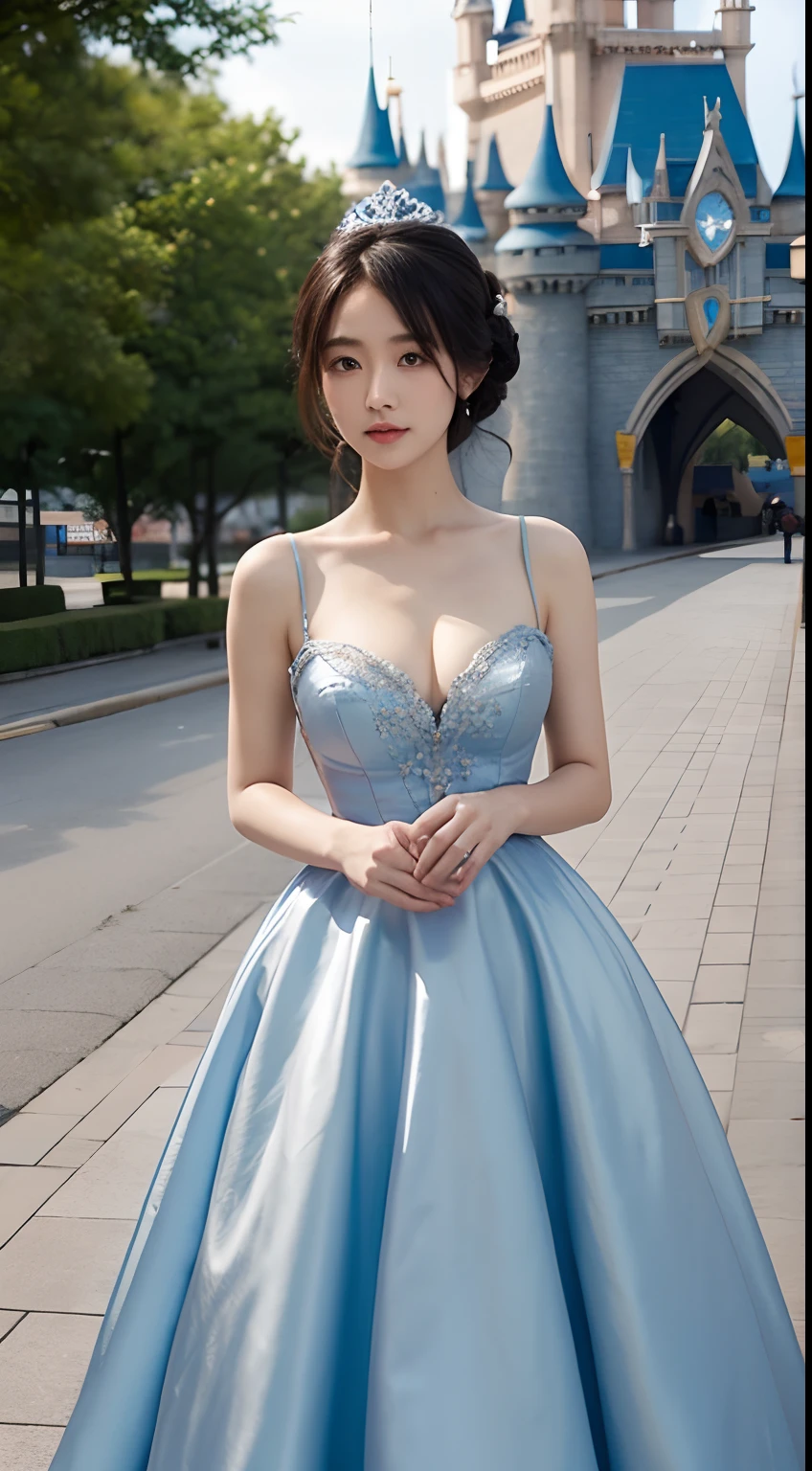Cinderella blue gown, Asian petite woman, white skin, Disney castle background, realistic face, protruding cleavage, tight waist, straight face, 8k