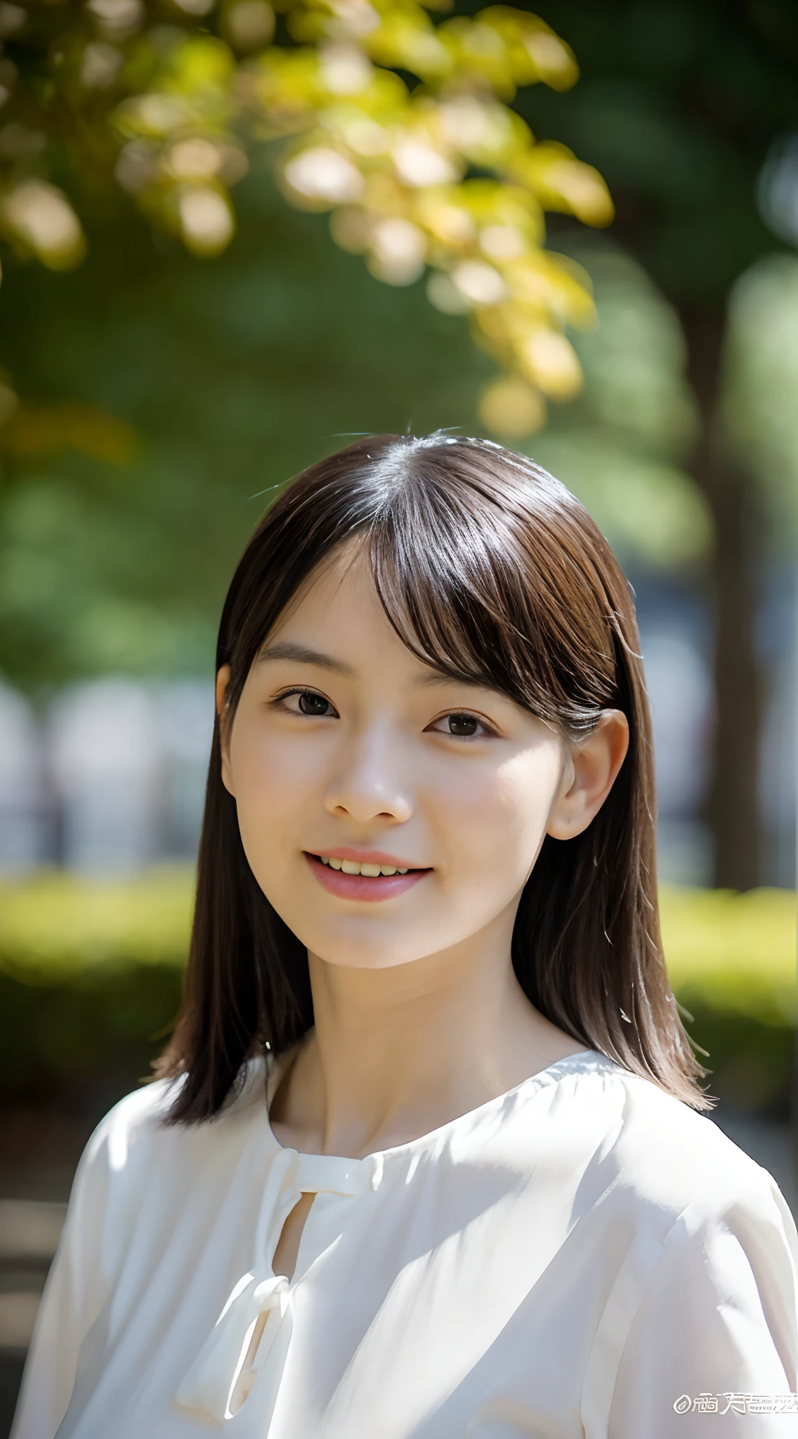 (japanes),(33yo), (Women with a standard body type), (small tits),((flat breast)),(Females have sharp eyes.),((eyes are narrow)),((eyes are small)),((Single eyelid)),(nerdy),(Unhealthy),(Long face),(Sober face),((Piercings are not worn)),(Modest and inconspicuous face),(Fox-like face),((small mouth)),((the front teeth protrude slightly)),(She is short in stature),(She wears almost no makeup),Natural makeup,(thin lipss),Smiling,(The length of hair to the shoulders),(Hairstyle is straight),((Ears are hidden by hair)),Black hair,Bangs are as long as eyebrows, (The forehead is hidden by bangs),(She is in a well-lit park),(She has small breasts), (((She wears a white blouse with a red ribbon))), ((She is wearing a long dark blue skirt)), (Photorealistic), (Ray tracing), (Sharp Focus), 鎖骨, (Detailed face), natural and realistic skin textures, Soft face,  (((Cameltoe))),((perfect anatomia:1.4))