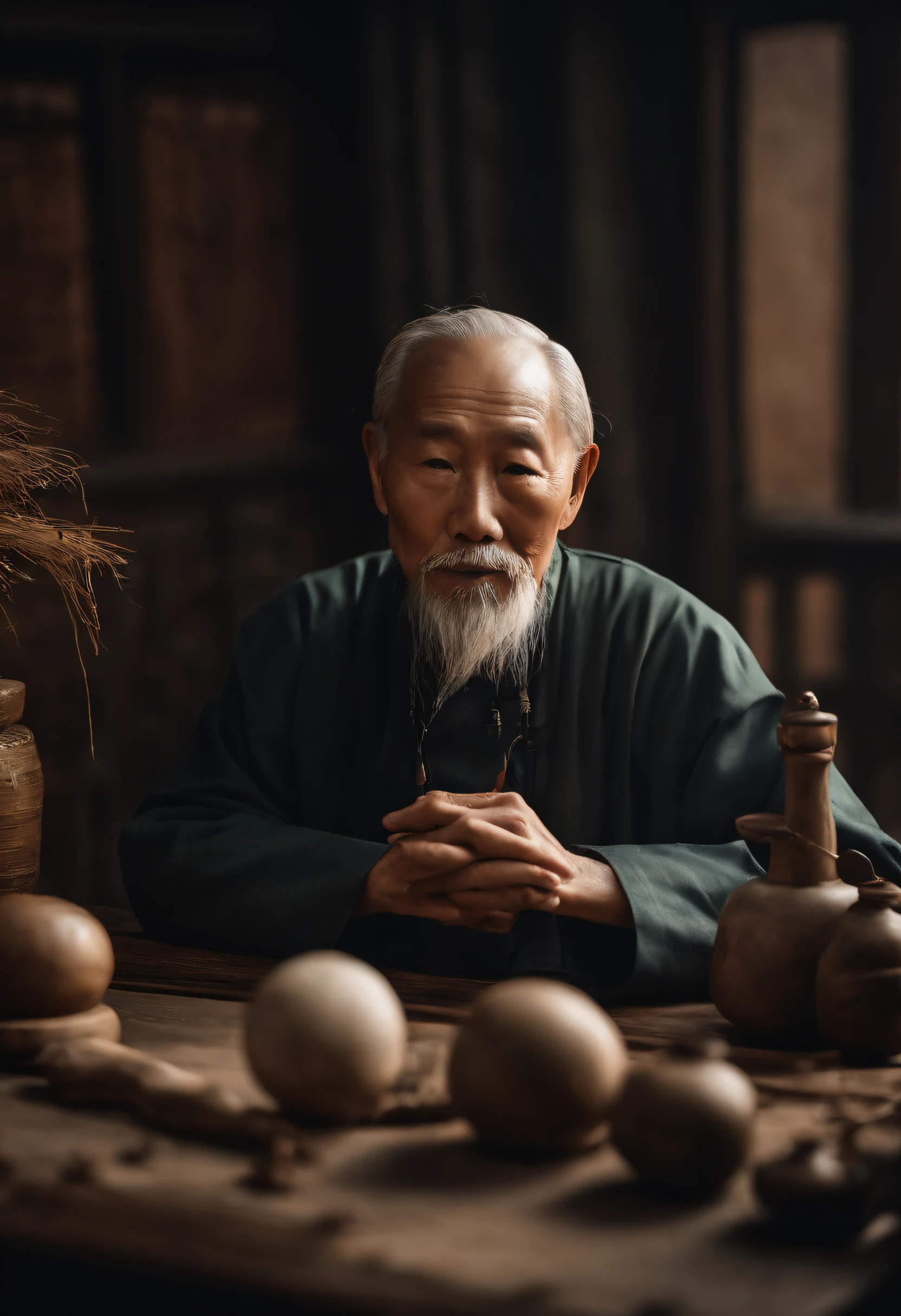 The old Chinese medicine doctor sat at the table in the medical hall,Close-up view of the face,Fairy wind road bone,